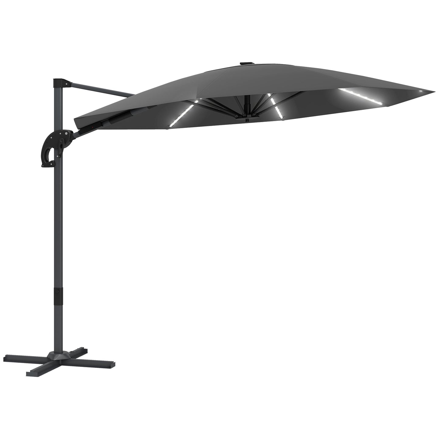 3(m) Cantilever Garden Parasol with Solar Powered Lights, Crank Handle & Cross Base, UPF 50+, 360° Rotation, Overhanging Patio Umbrella for Patio Market, Dark Grey