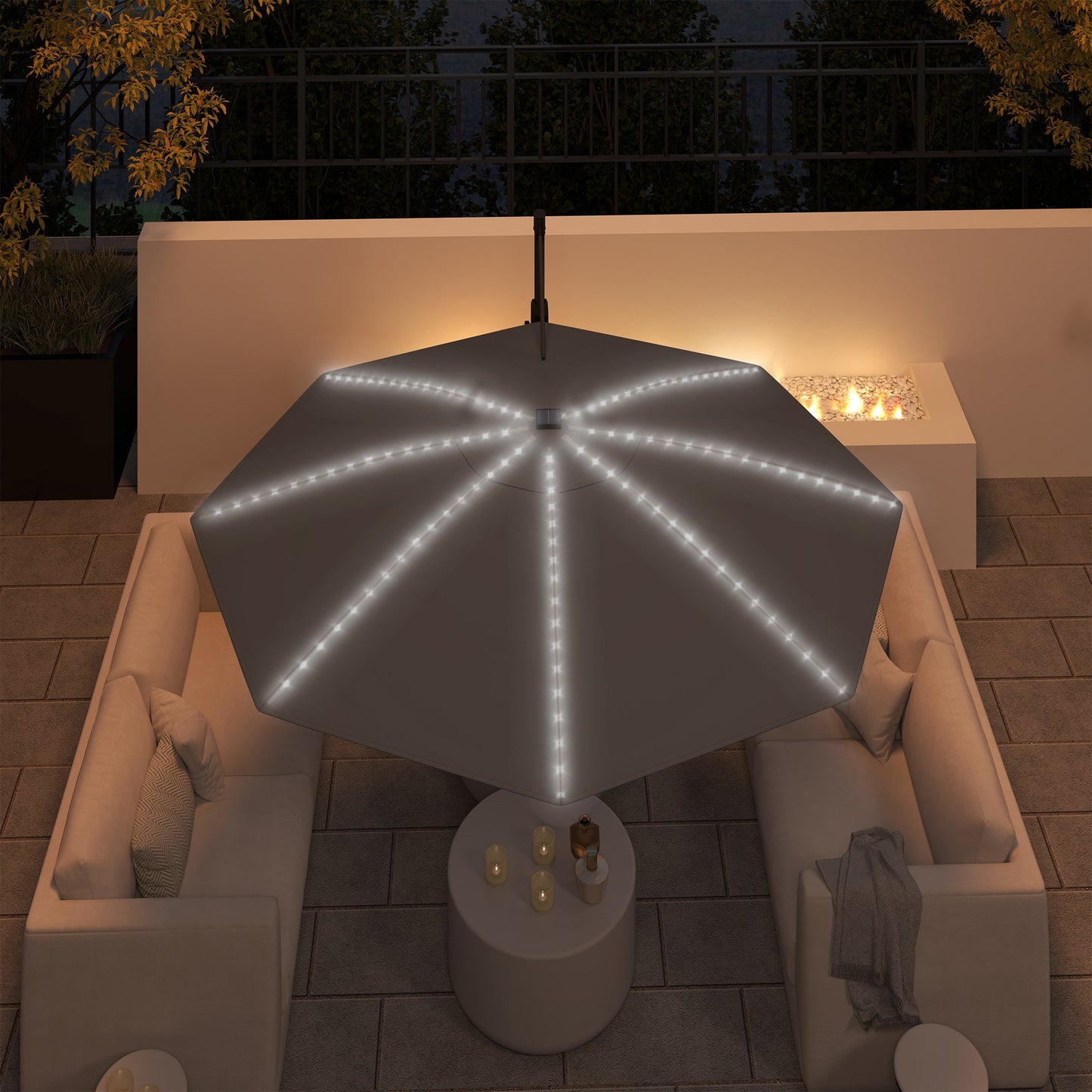 3(m) Cantilever Garden Parasol with Solar Powered Lights, Crank Handle & Cross Base, UPF 50+, 360° Rotation, Overhanging Patio Umbrella for Patio Market, Dark Grey