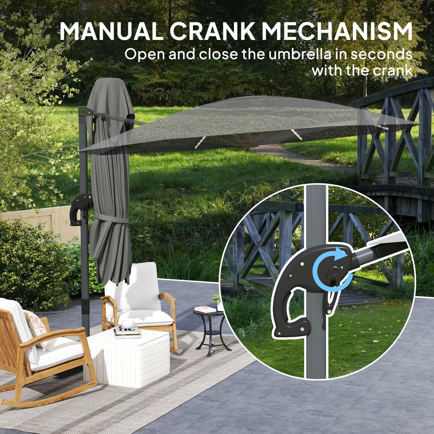 3(m) Cantilever Garden Parasol with Solar Powered Lights, Crank Handle & Cross Base, UPF 50+, 360° Rotation, Overhanging Patio Umbrella for Patio Market, Dark Grey