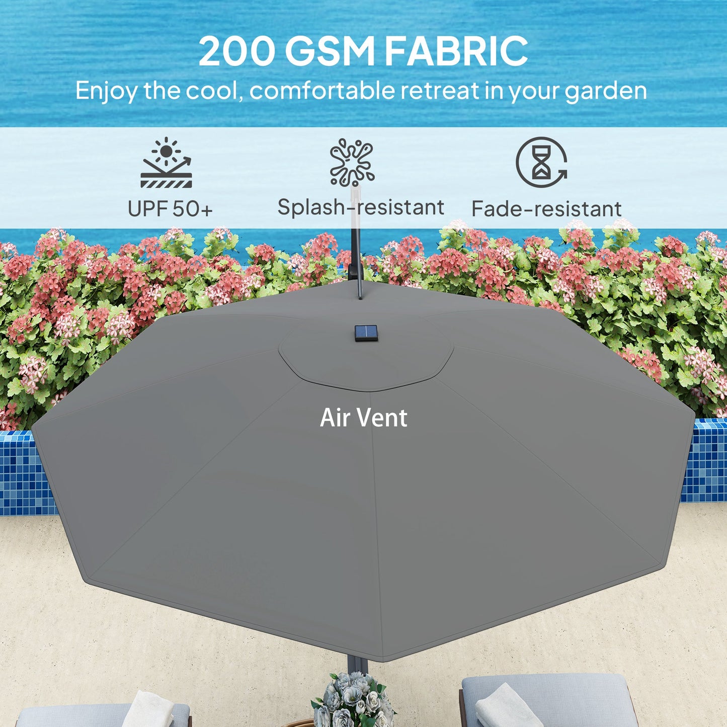 3(m) Cantilever Garden Parasol with Solar Powered Lights, Crank Handle & Cross Base, UPF 50+, 360° Rotation, Overhanging Patio Umbrella for Patio Market, Dark Grey