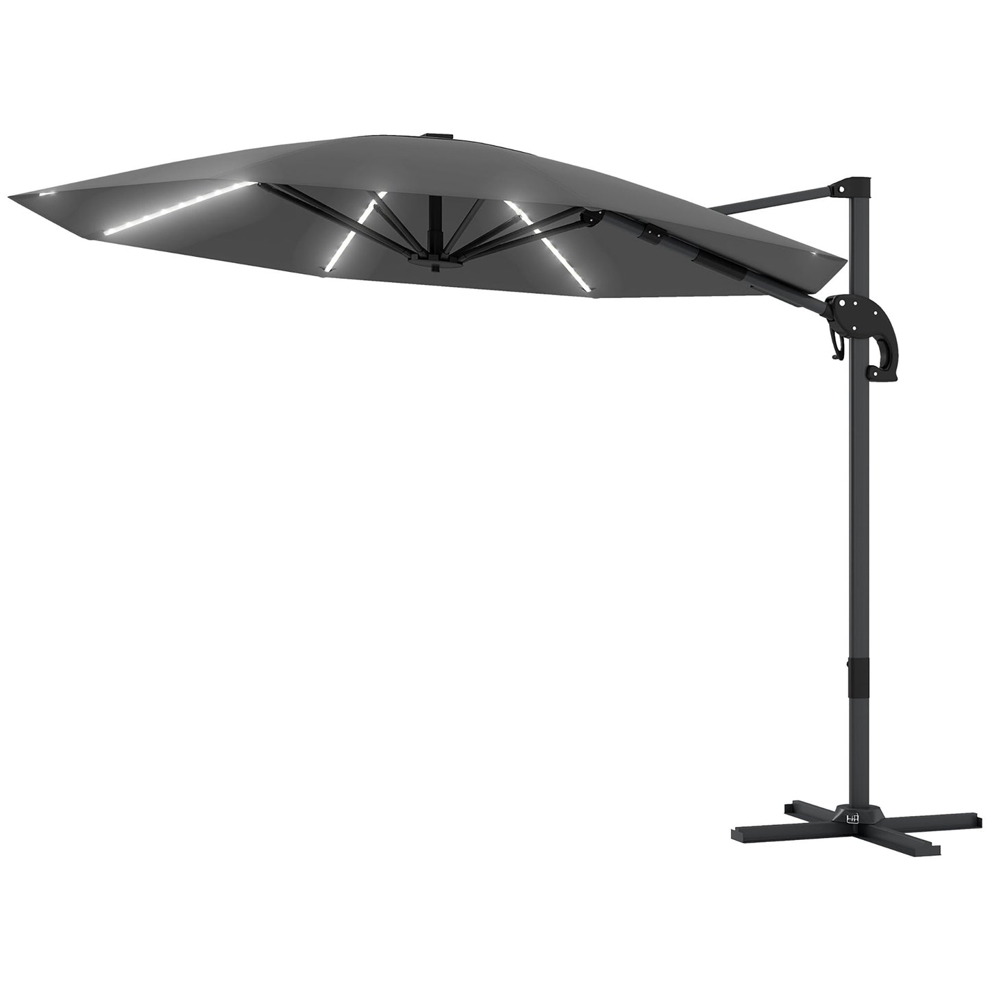 3(m) Cantilever Garden Parasol with Solar Powered Lights, Crank Handle & Cross Base, UPF 50+, 360° Rotation, Overhanging Patio Umbrella for Patio Market, Dark Grey