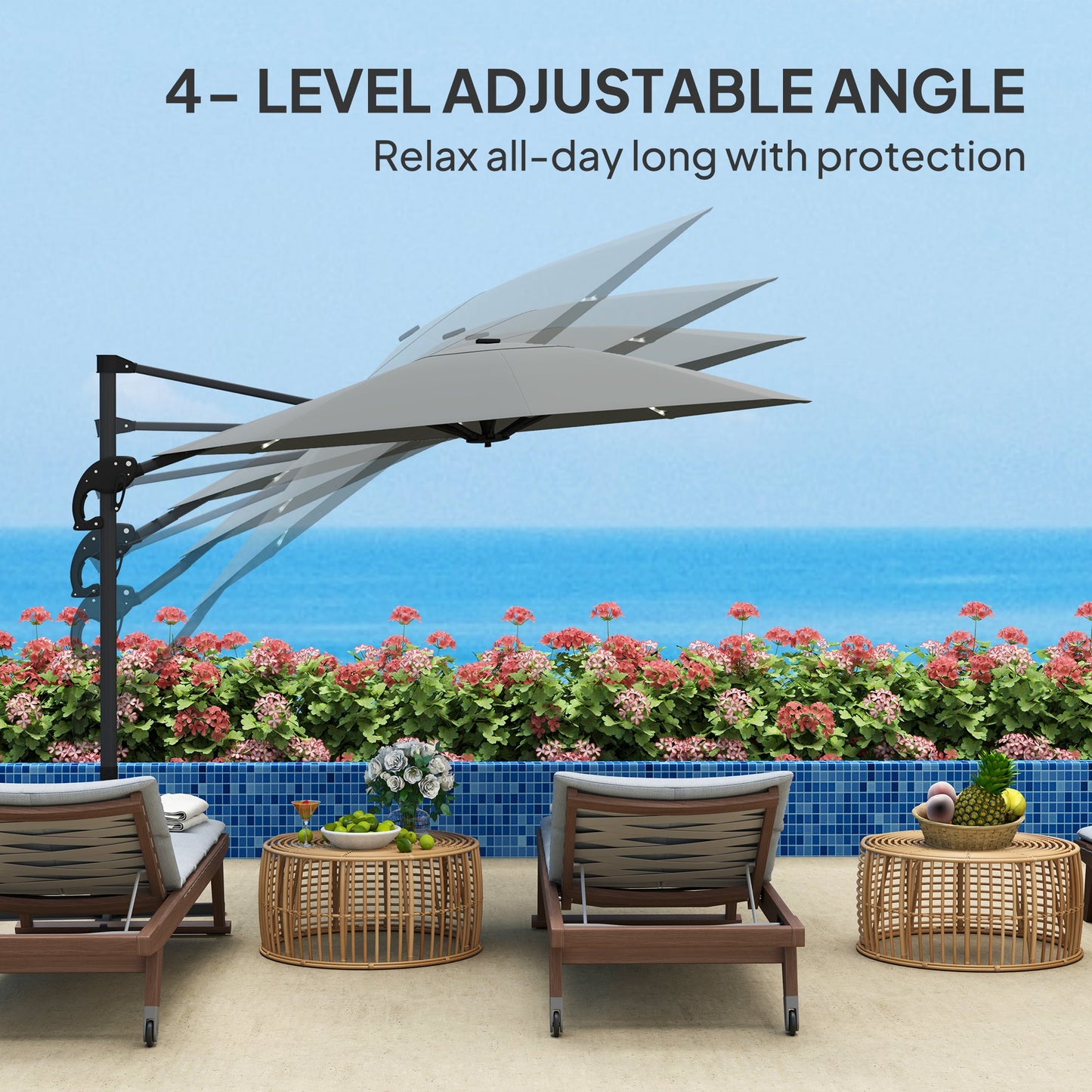 3(m) Cantilever Garden Parasol with Solar Powered Lights, Crank Handle & Cross Base, UPF 50+, 360° Rotation, Overhanging Patio Umbrella for Patio Market, Dark Grey
