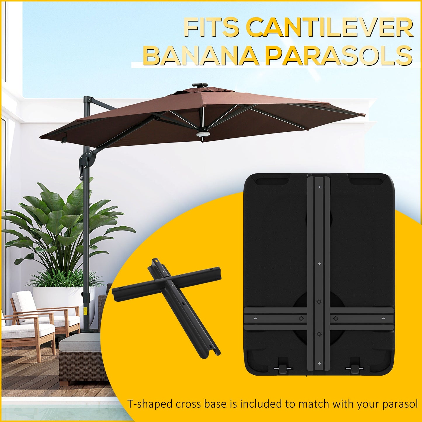 90kg Cantilever Parasol Base with Wheels, Heavy Duty Plastic Umbrella Stand Weights for Cantilever Banana Parasol with Handle, Water and Sand Filled, Black