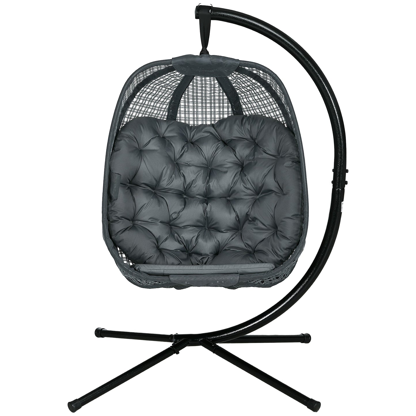 Outdoor Swing Chair with Thick Padded Cushion, Patio Hanging Chair with Metal Stand, Egg Chair with Foldable Basket, Cup Holder, for Indoor and Outdoor, Dark Grey