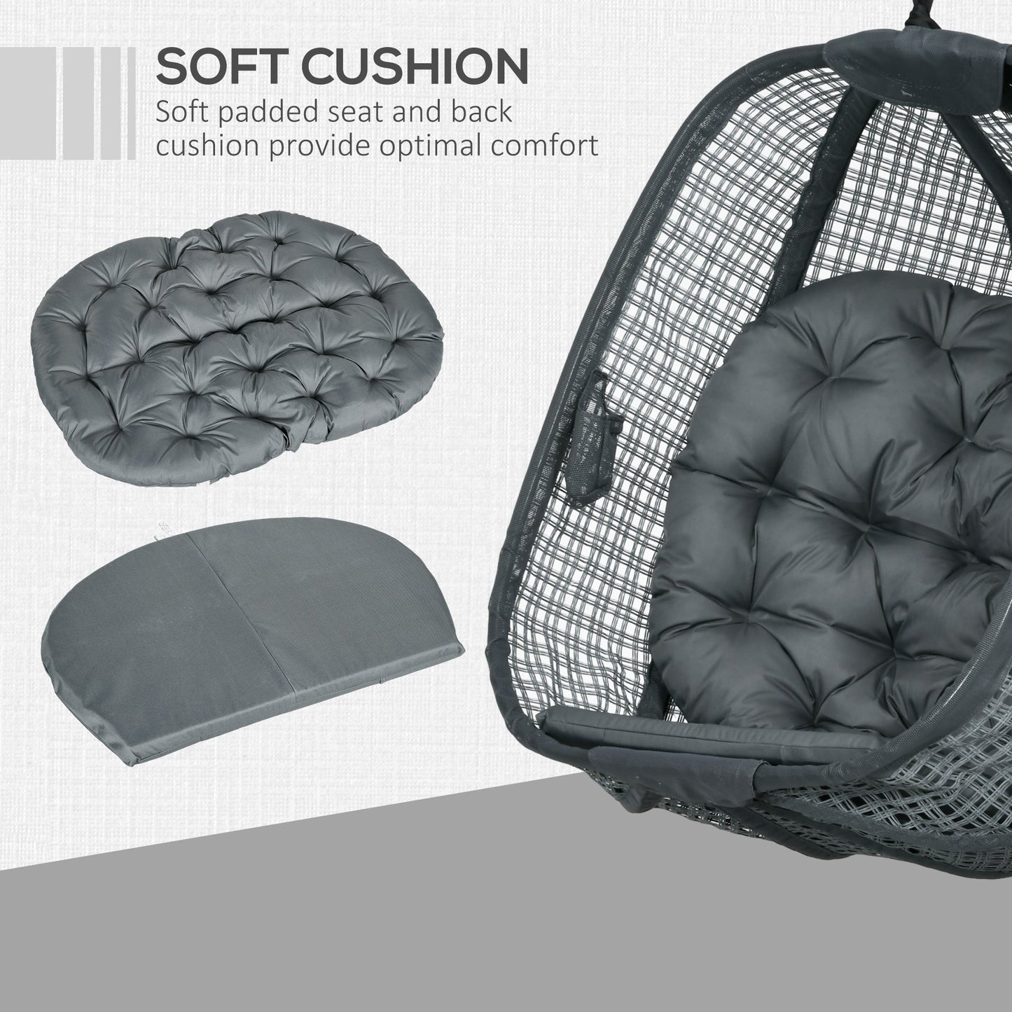 Outdoor Swing Chair with Thick Padded Cushion, Patio Hanging Chair with Metal Stand, Egg Chair with Foldable Basket, Cup Holder, for Indoor and Outdoor, Dark Grey