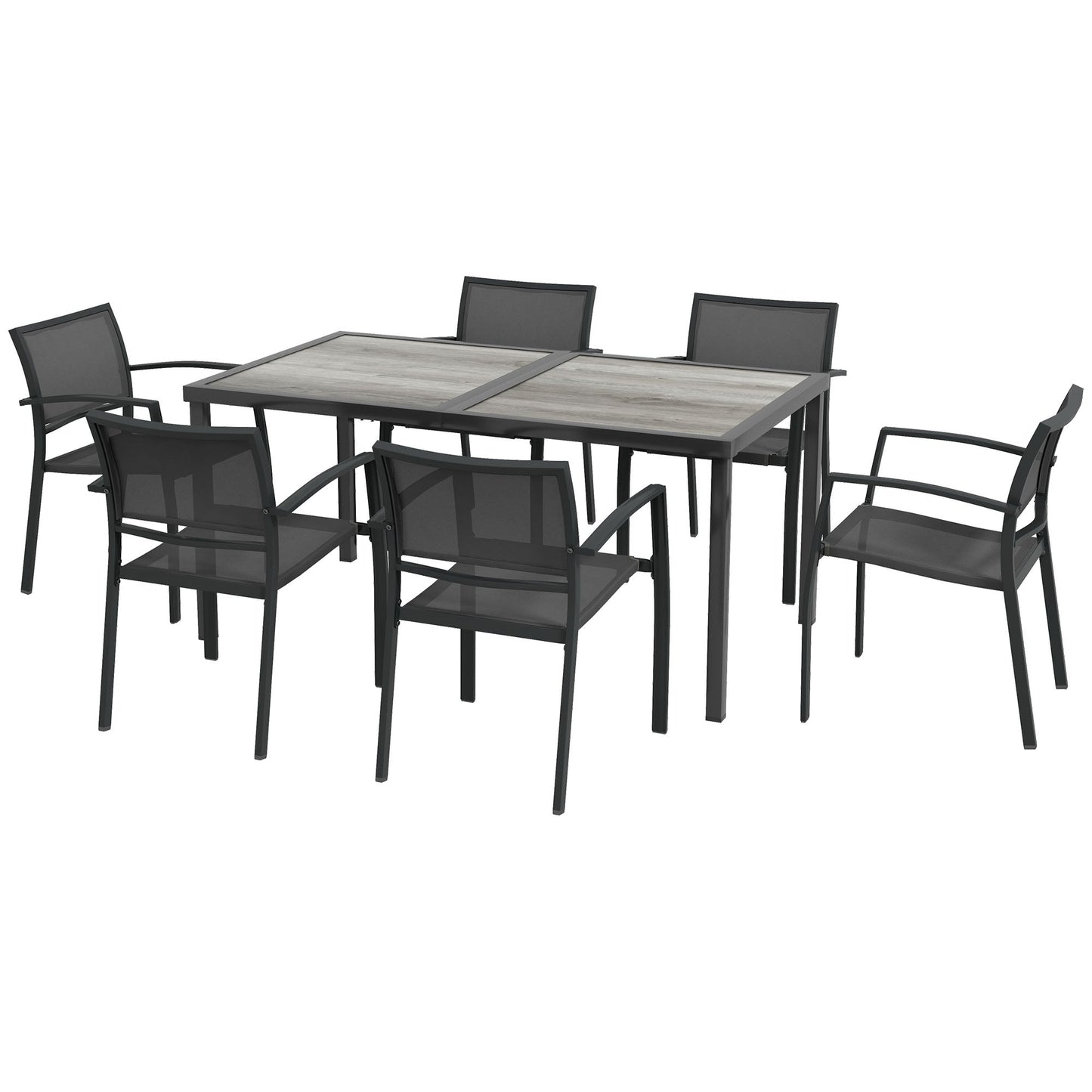 6 Seater Garden Dining Set, Stackable Armchairs and Wood-like Top Table, Space-Saving Outdoor Table and Chairs with Breathable Mesh Seat, Garden Furniture Set, Grey