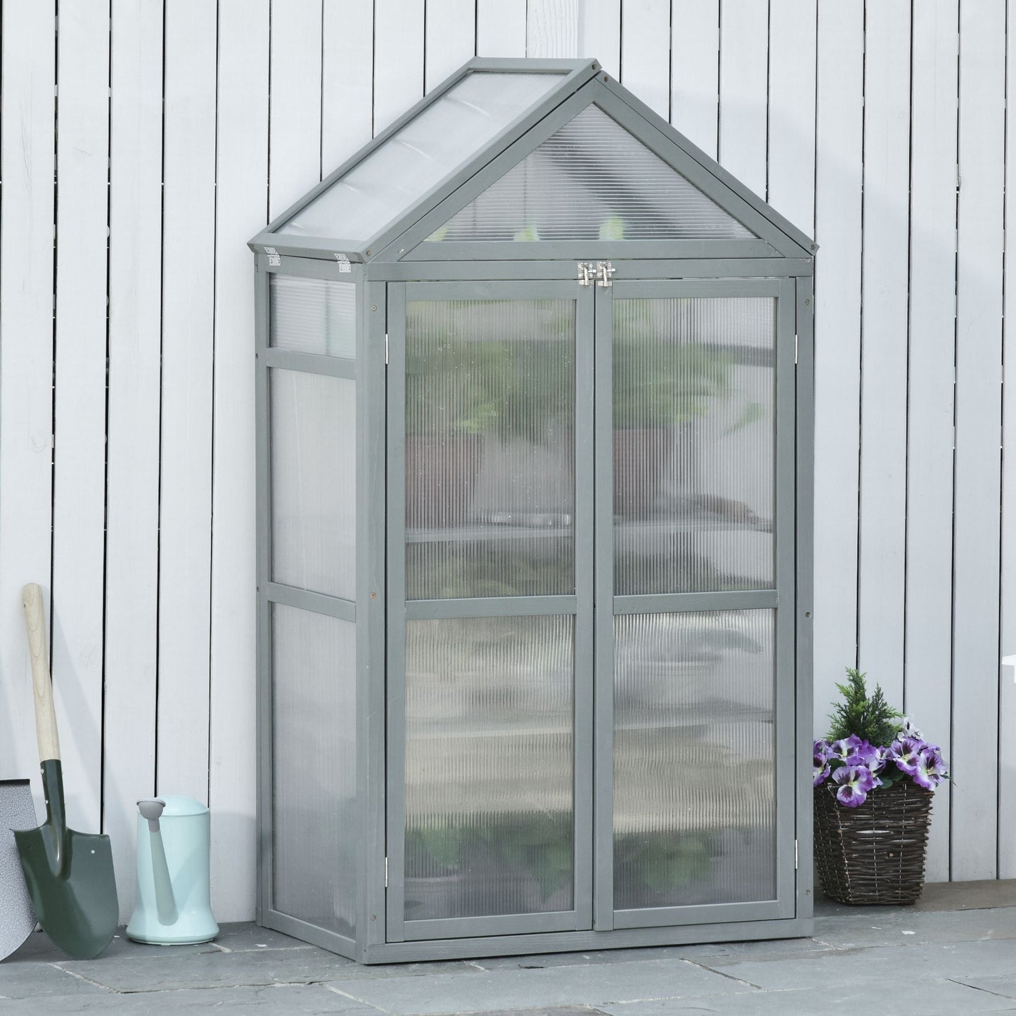 Garden Cold Frame Polycarbonate Greenhouse with Adjustable Shelves, Double Doors, Openable Top Covers, Grow House for Flower Vegetable Plants, 80 x 47 x 138cm, Grey