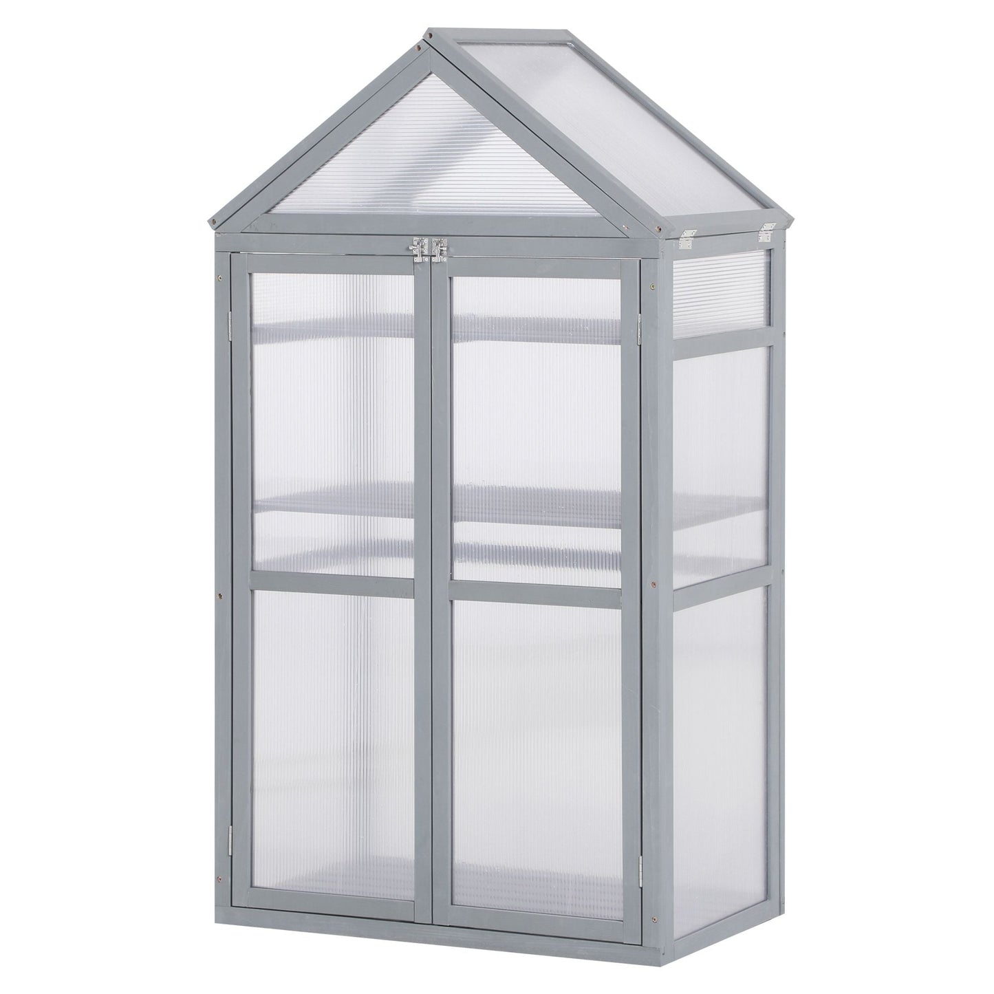 Garden Cold Frame Polycarbonate Greenhouse with Adjustable Shelves, Double Doors, Openable Top Covers, Grow House for Flower Vegetable Plants, 80 x 47 x 138cm, Grey