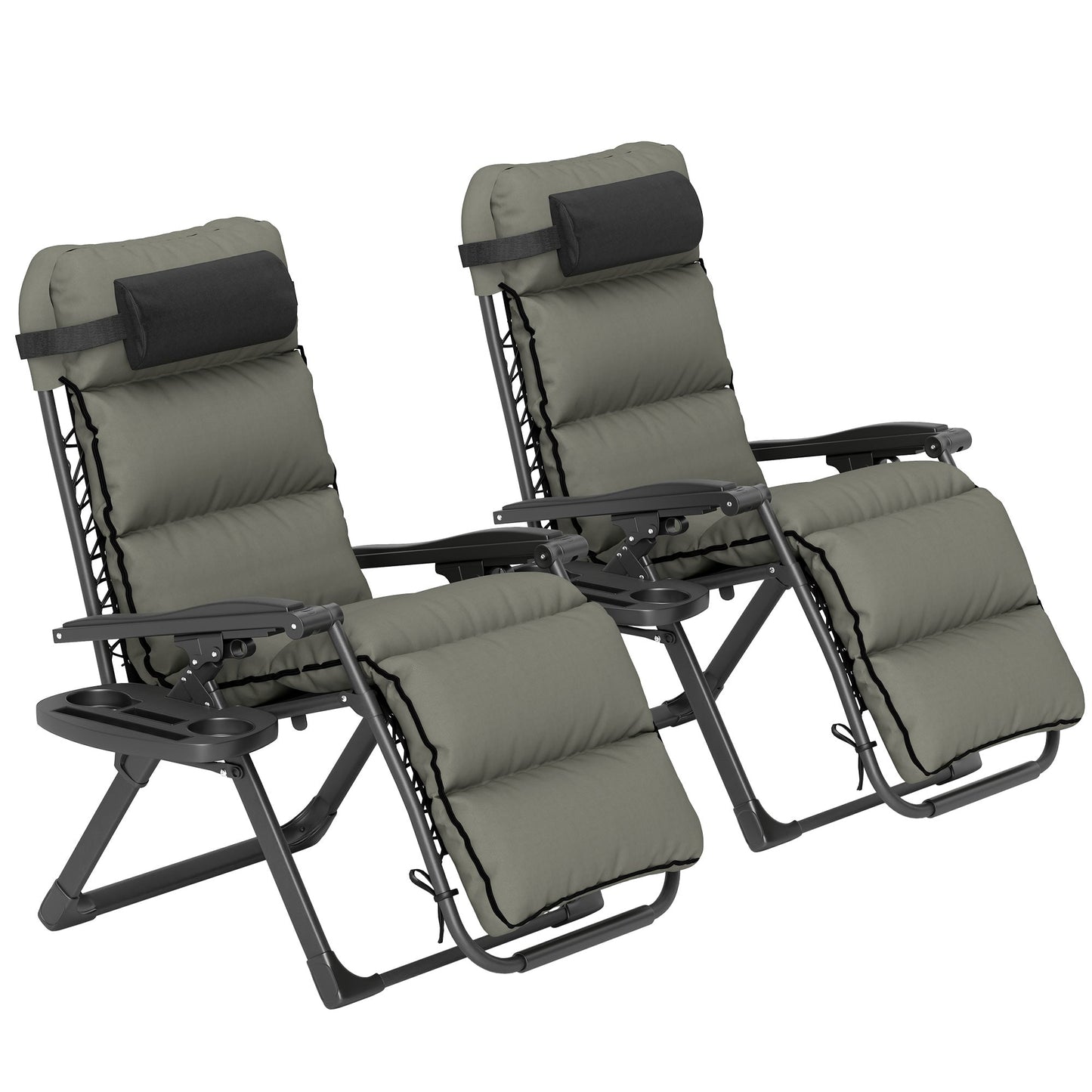 Zero Gravity Chairs Set of 2, Folding Reclining Garden Chair, Outdoor Sun Lounger with Cushion, Garden Recliner Chairs with Headrest and Cup Phone Holder Tray for Beach, Grey