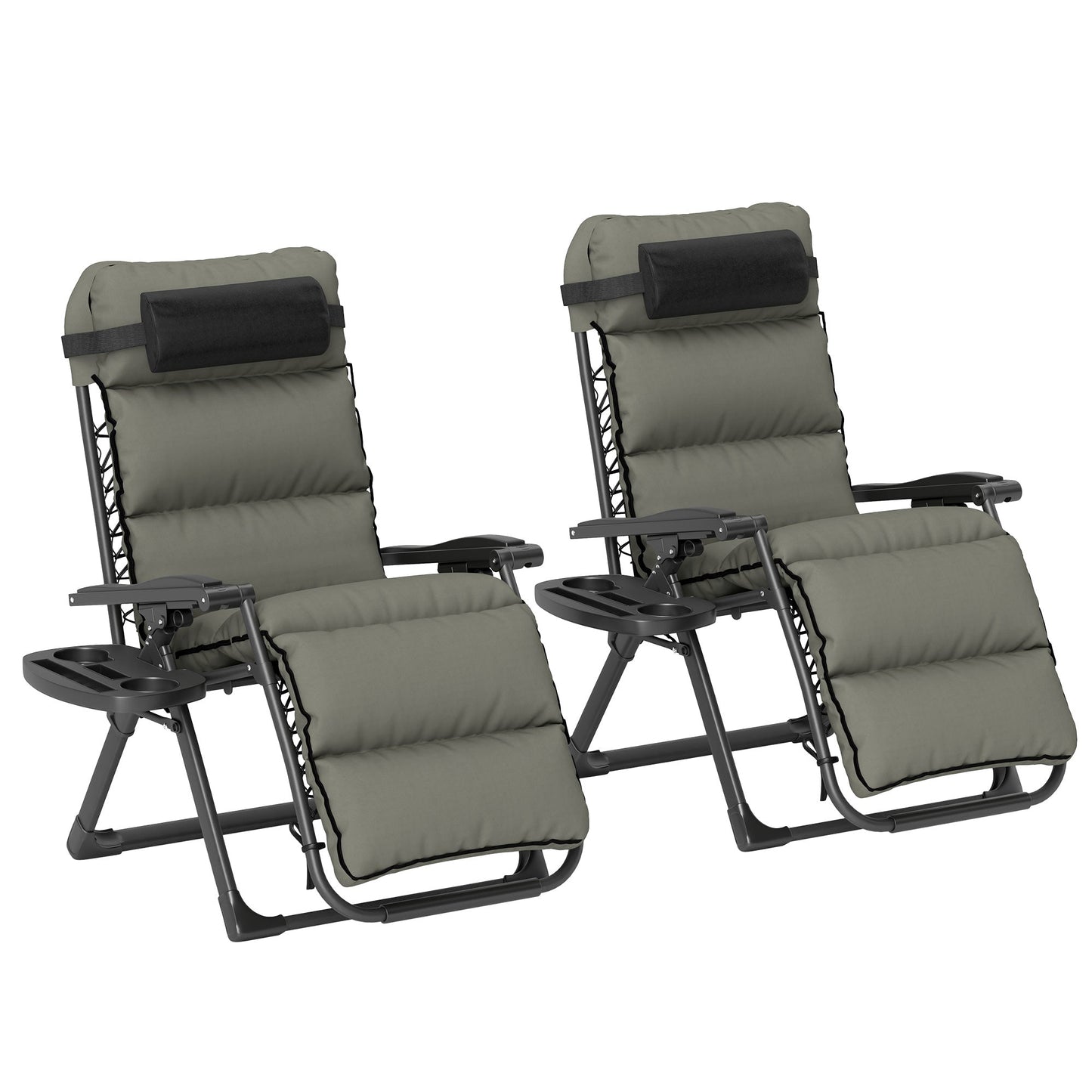Zero Gravity Chairs Set of 2, Folding Reclining Garden Chair, Outdoor Sun Lounger with Cushion, Garden Recliner Chairs with Headrest and Cup Phone Holder Tray for Beach, Grey