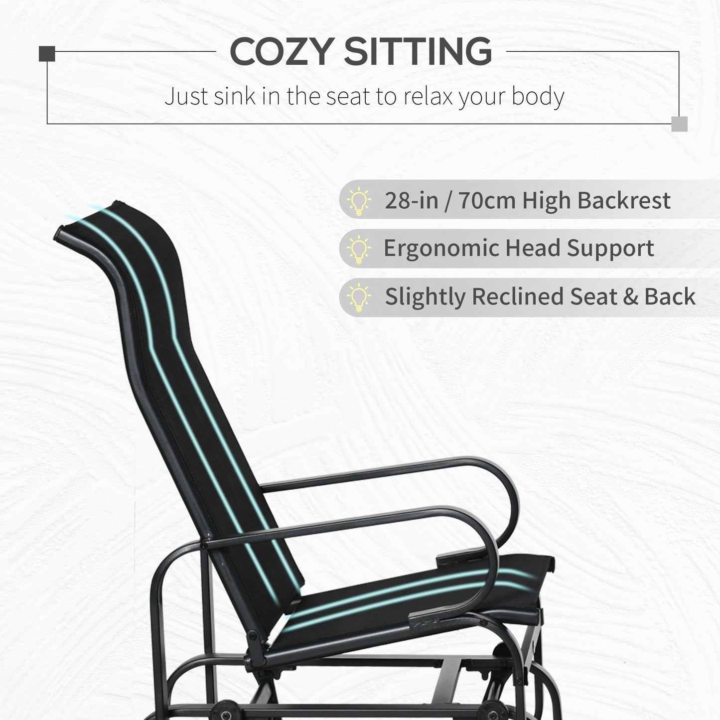 Outdoor Gliding Rocking Chair with Sturdy Metal Frame Garden Comfortable Swing Chair for Patio, Garden and Poolside, Black