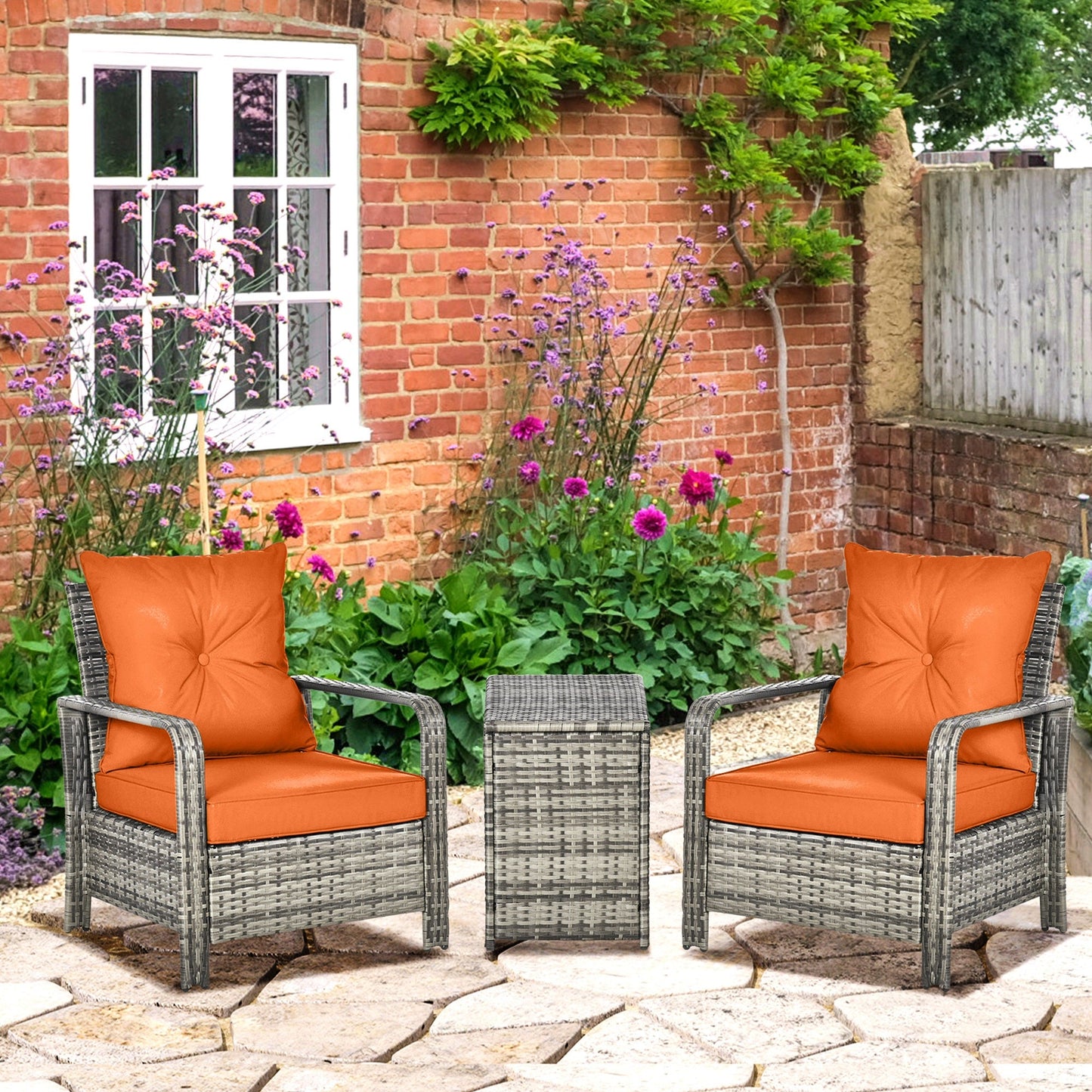 3 Pieces Rattan Bistro Set, Wicker Garden Furniture Set with Storage
Coffee Table and Chairs, Thickened Cushions for Outdoor, Patio, Balcony, Orange