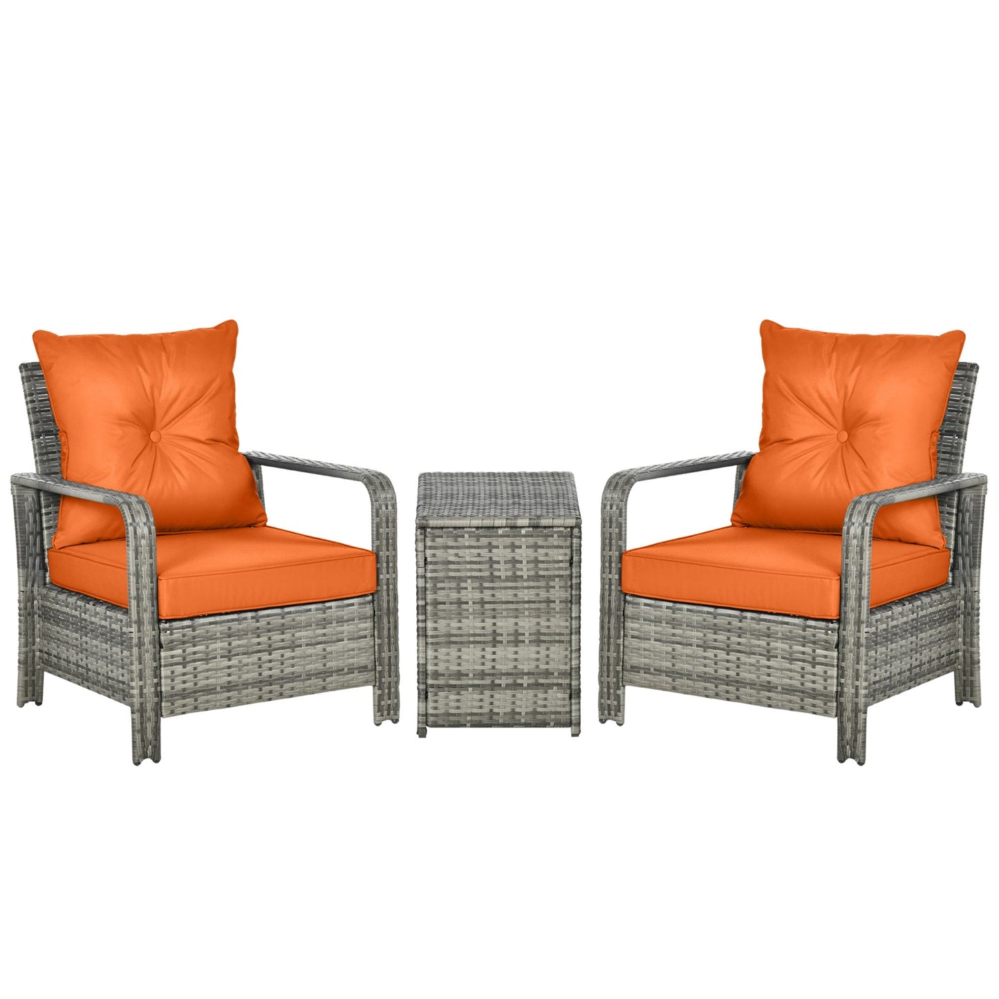 3 Pieces Rattan Bistro Set, Wicker Garden Furniture Set with Storage
Coffee Table and Chairs, Thickened Cushions for Outdoor, Patio, Balcony, Orange