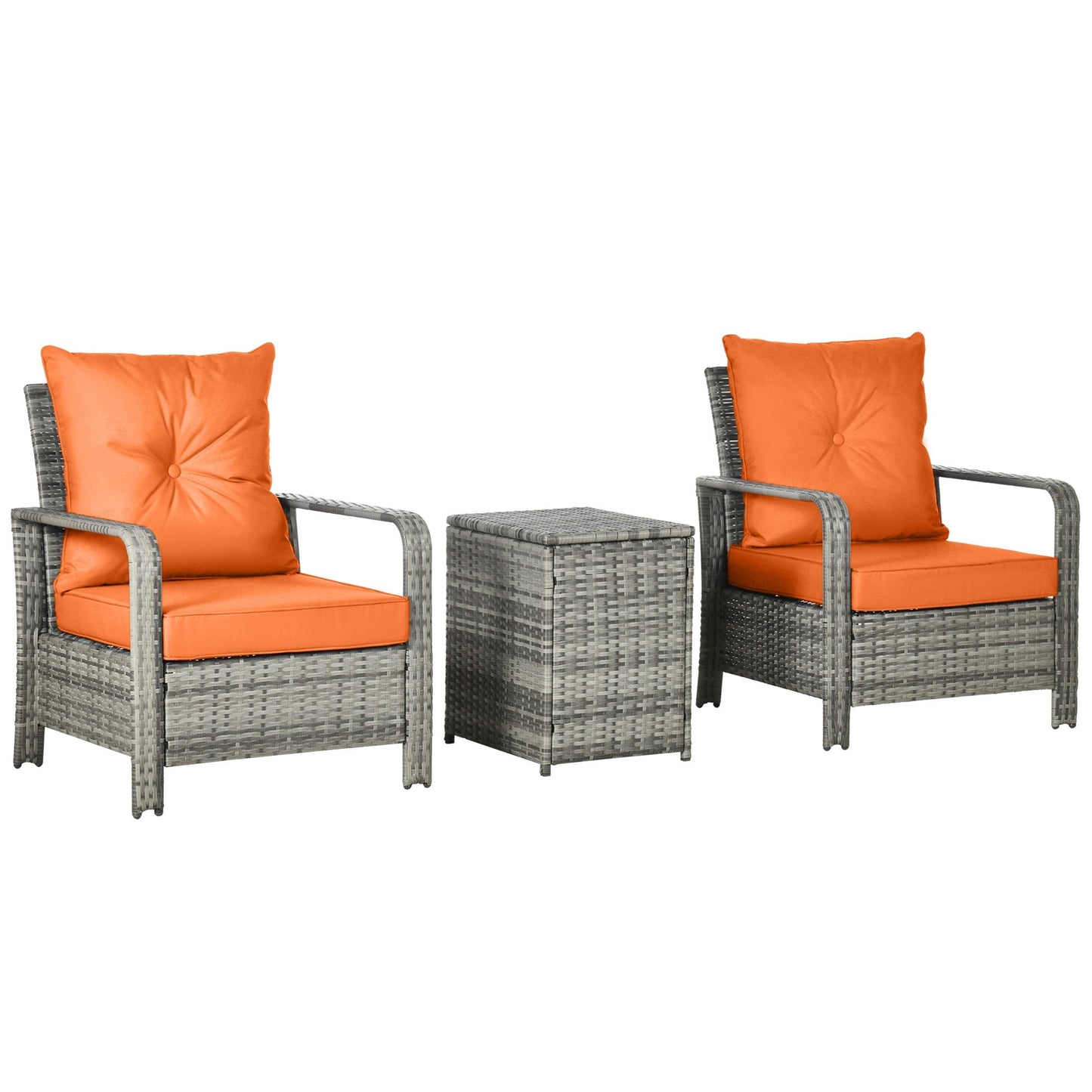 3 Pieces Rattan Bistro Set, Wicker Garden Furniture Set with Storage
Coffee Table and Chairs, Thickened Cushions for Outdoor, Patio, Balcony, Orange