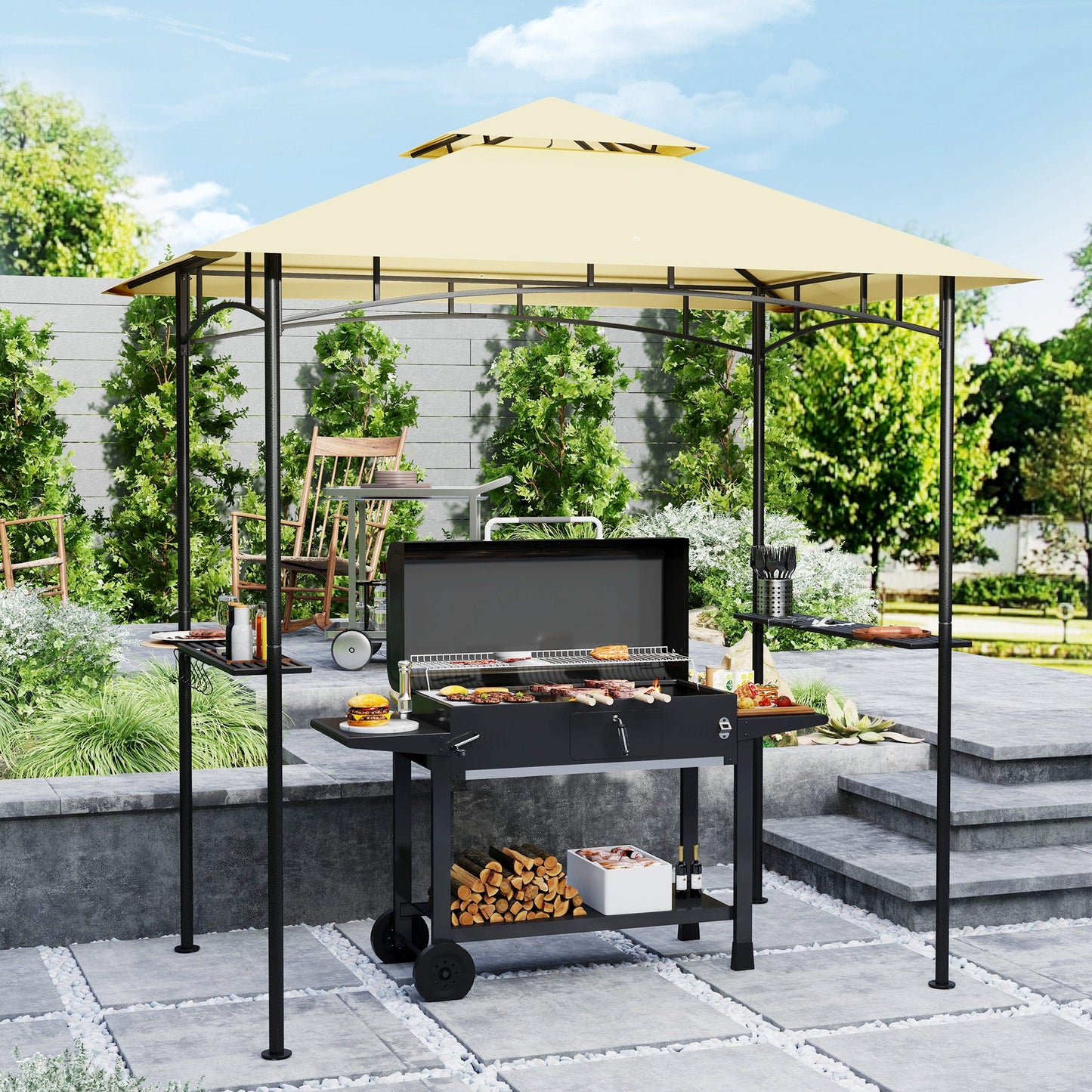 2.4 x 1.5 m (8' x 5') Grill Gazebo Canopy with LED Lights, Double Tiered Outdoor BBQ Gazebo Shelter with 2 Side Shelves, Storage Basket and Hooks for Garden, Barbecue, Picnic, Beige