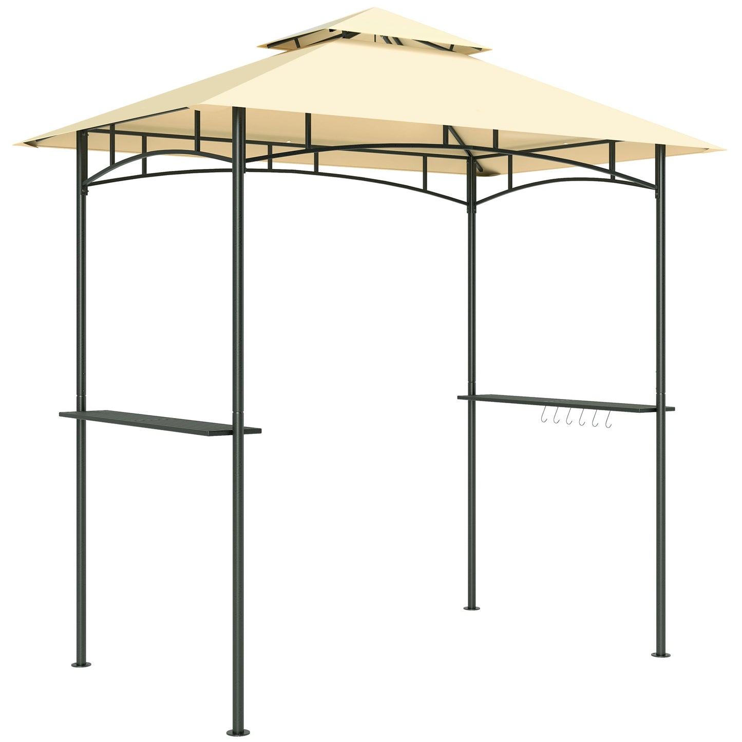 2.4 x 1.5 m (8' x 5') Grill Gazebo Canopy with LED Lights, Double Tiered Outdoor BBQ Gazebo Shelter with 2 Side Shelves, Storage Basket and Hooks for Garden, Barbecue, Picnic, Beige