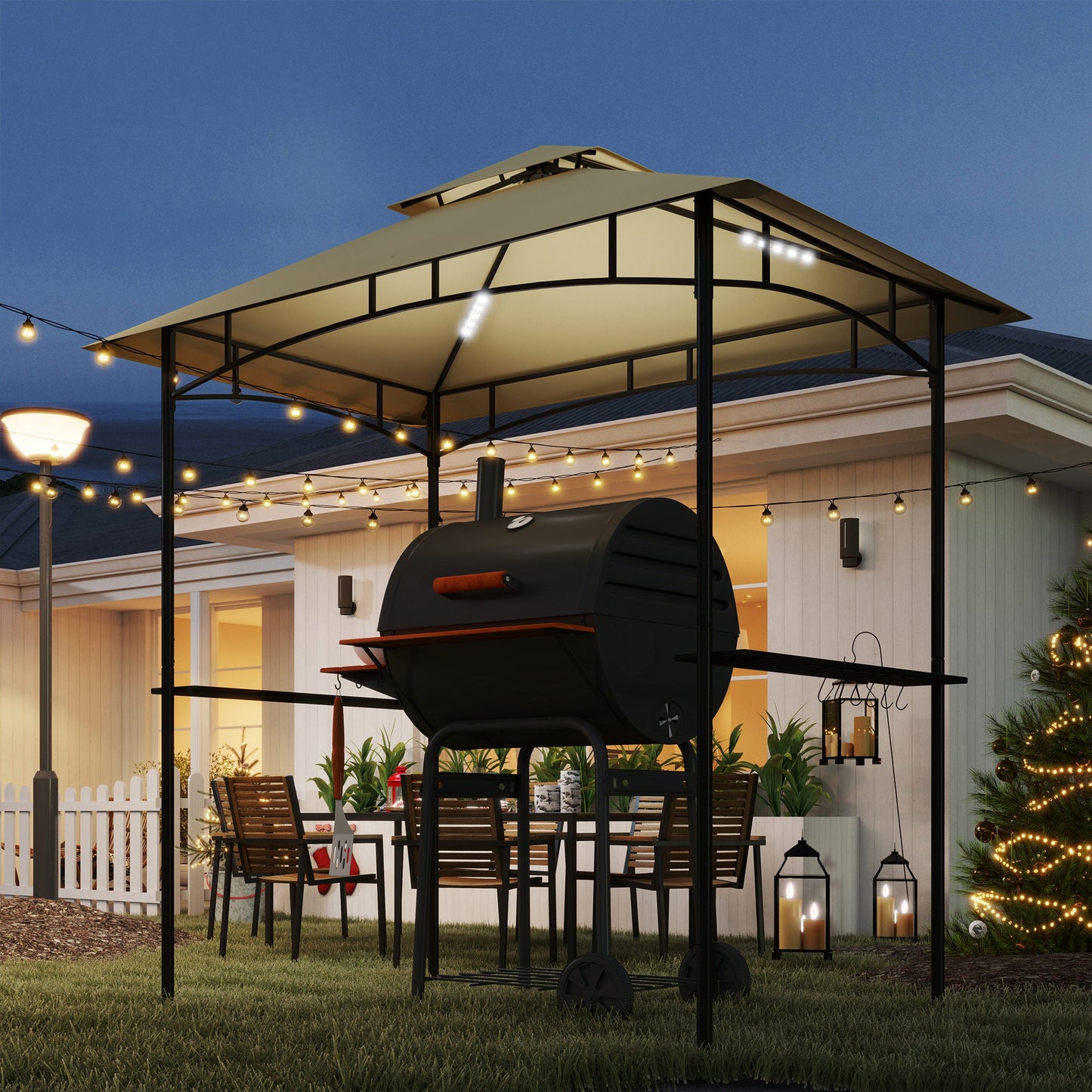 2.4 x 1.5 m (8' x 5') Grill Gazebo Canopy with LED Lights, Double Tiered Outdoor BBQ Gazebo Shelter with 2 Side Shelves, Storage Basket and Hooks for Garden, Barbecue, Picnic, Beige