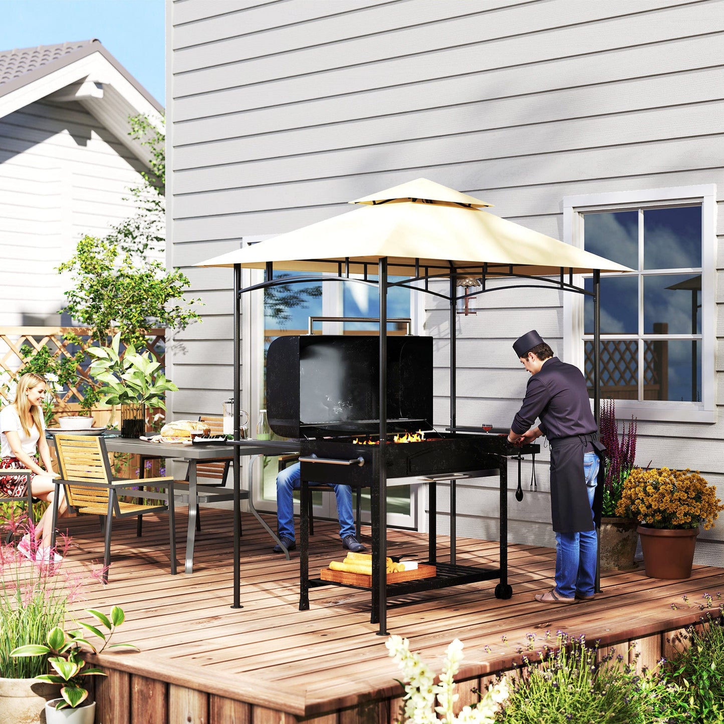 2.4 x 1.5 m (8' x 5') Grill Gazebo Canopy with LED Lights, Double Tiered Outdoor BBQ Gazebo Shelter with 2 Side Shelves, Storage Basket and Hooks for Garden, Barbecue, Picnic, Beige