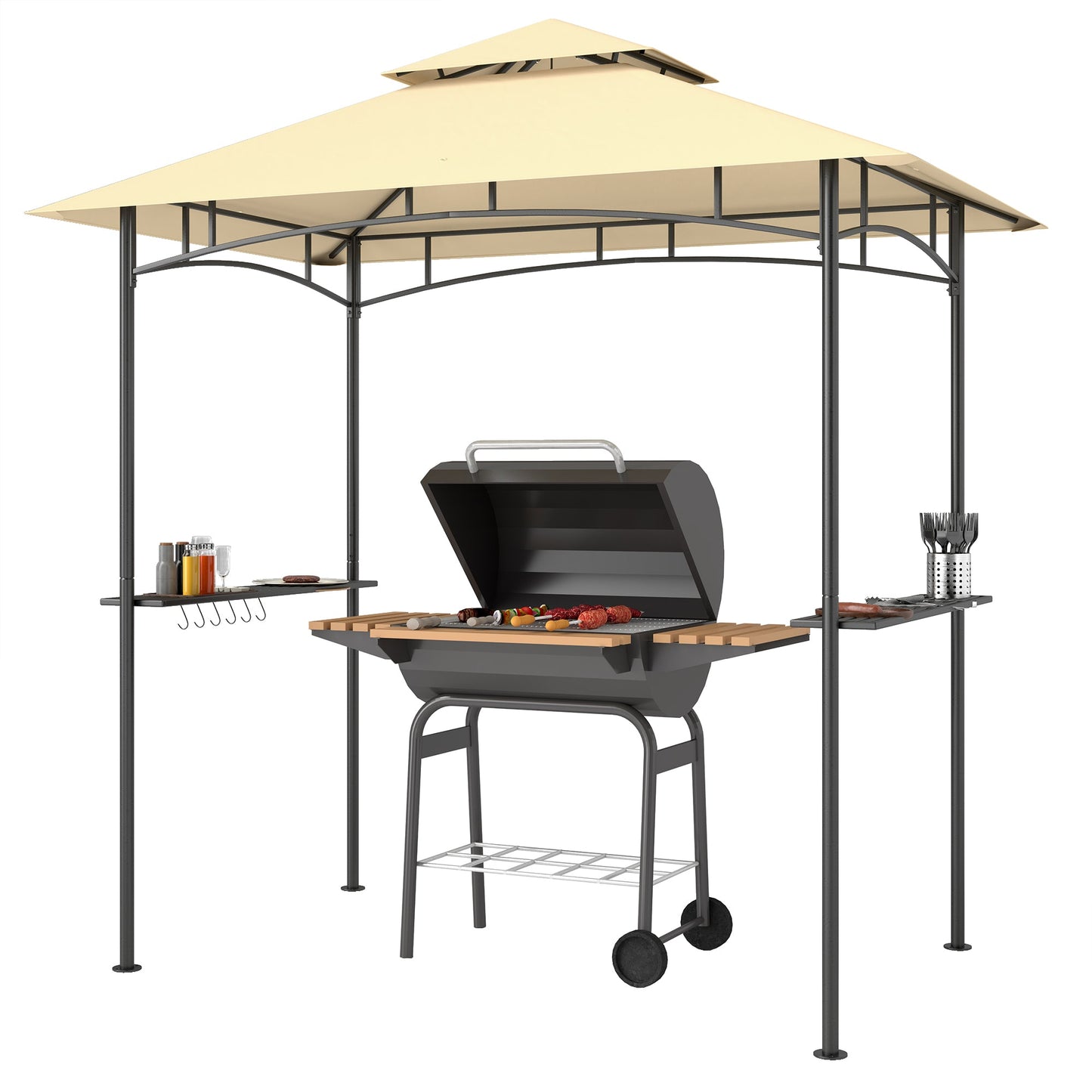 2.4 x 1.5 m (8' x 5') Grill Gazebo Canopy with LED Lights, Double Tiered Outdoor BBQ Gazebo Shelter with 2 Side Shelves, Storage Basket and Hooks for Garden, Barbecue, Picnic, Beige