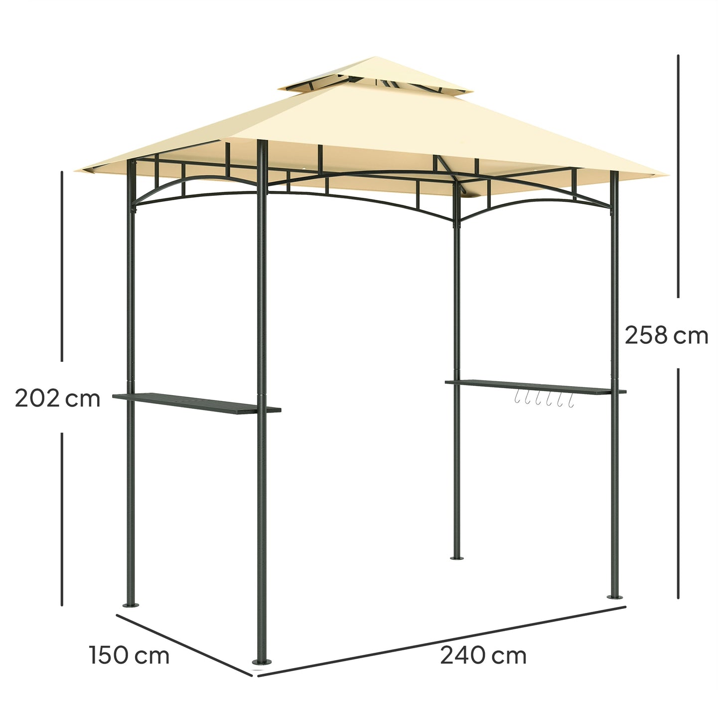 2.4 x 1.5 m (8' x 5') Grill Gazebo Canopy with LED Lights, Double Tiered Outdoor BBQ Gazebo Shelter with 2 Side Shelves, Storage Basket and Hooks for Garden, Barbecue, Picnic, Beige