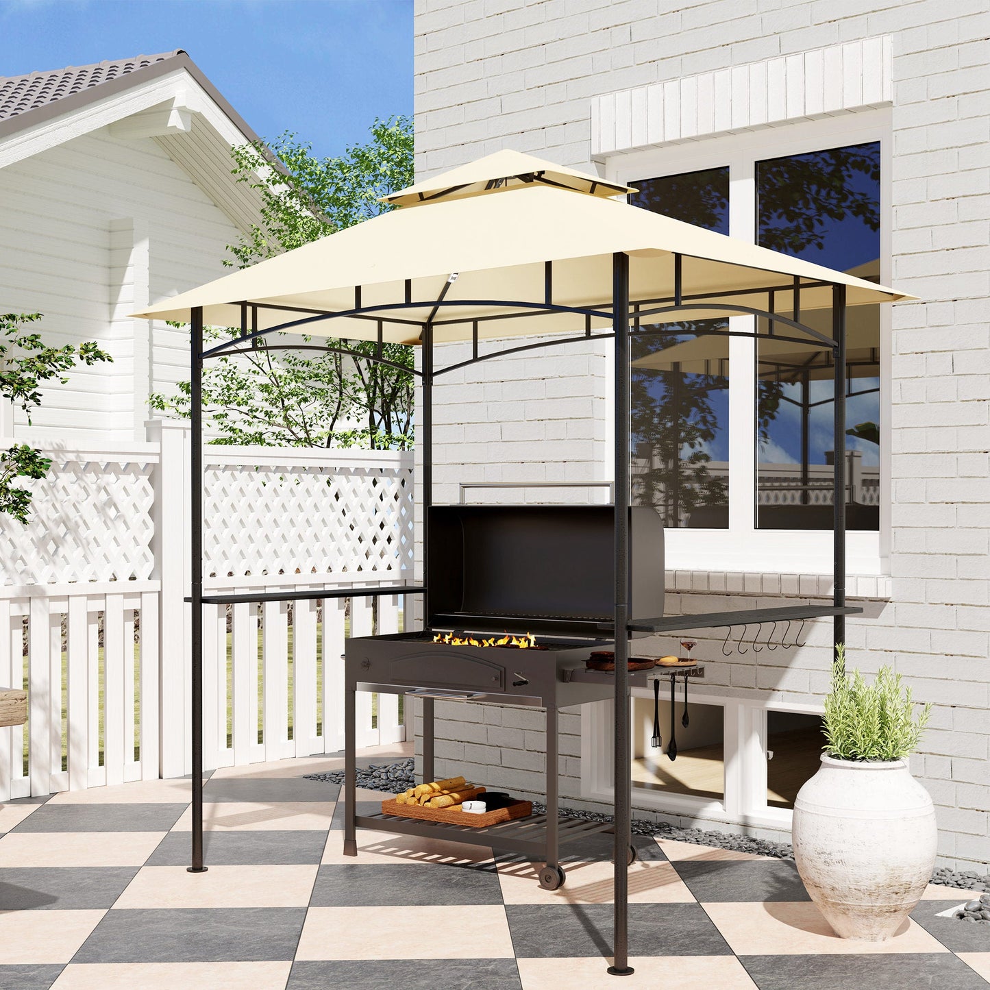 2.4 x 1.5 m (8' x 5') Grill Gazebo Canopy with LED Lights, Double Tiered Outdoor BBQ Gazebo Shelter with 2 Side Shelves, Storage Basket and Hooks for Garden, Barbecue, Picnic, Beige