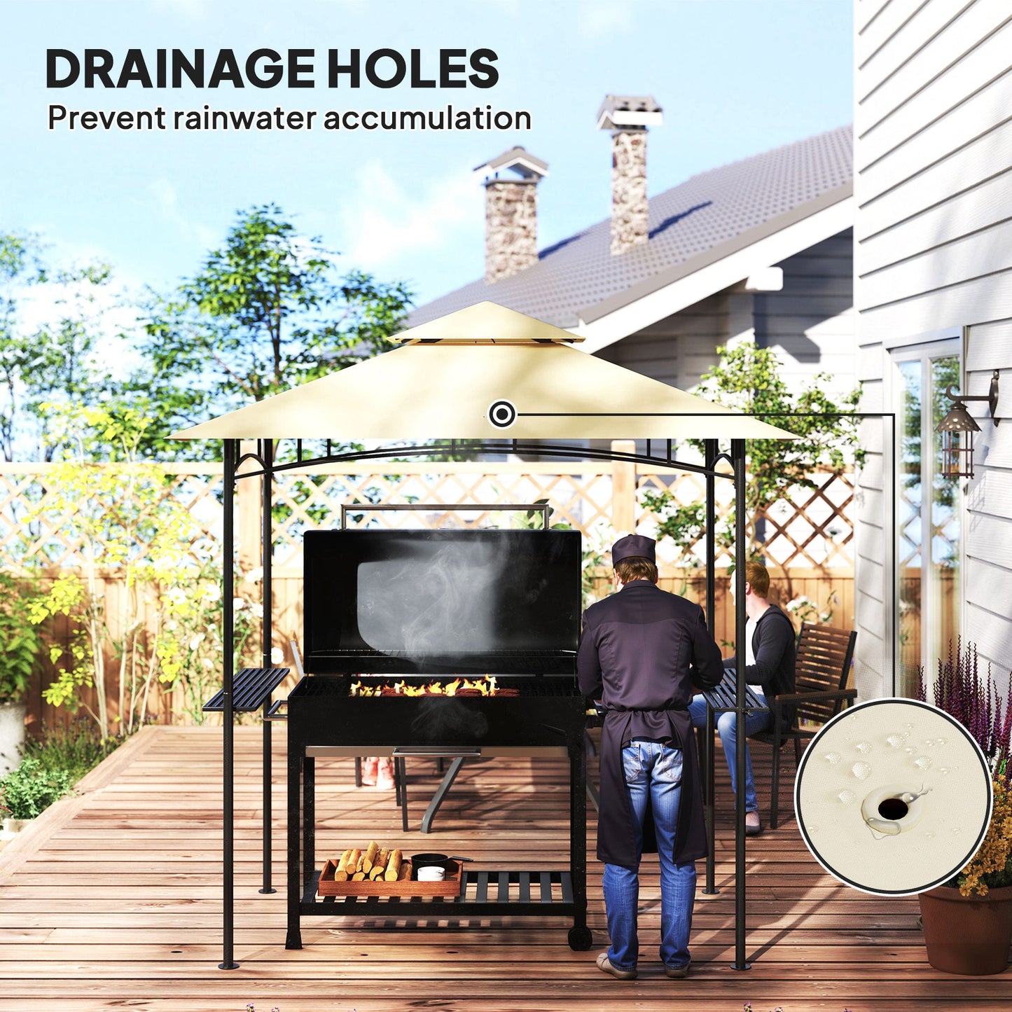 2.4 x 1.5 m (8' x 5') Grill Gazebo Canopy with LED Lights, Double Tiered Outdoor BBQ Gazebo Shelter with 2 Side Shelves, Storage Basket and Hooks for Garden, Barbecue, Picnic, Beige