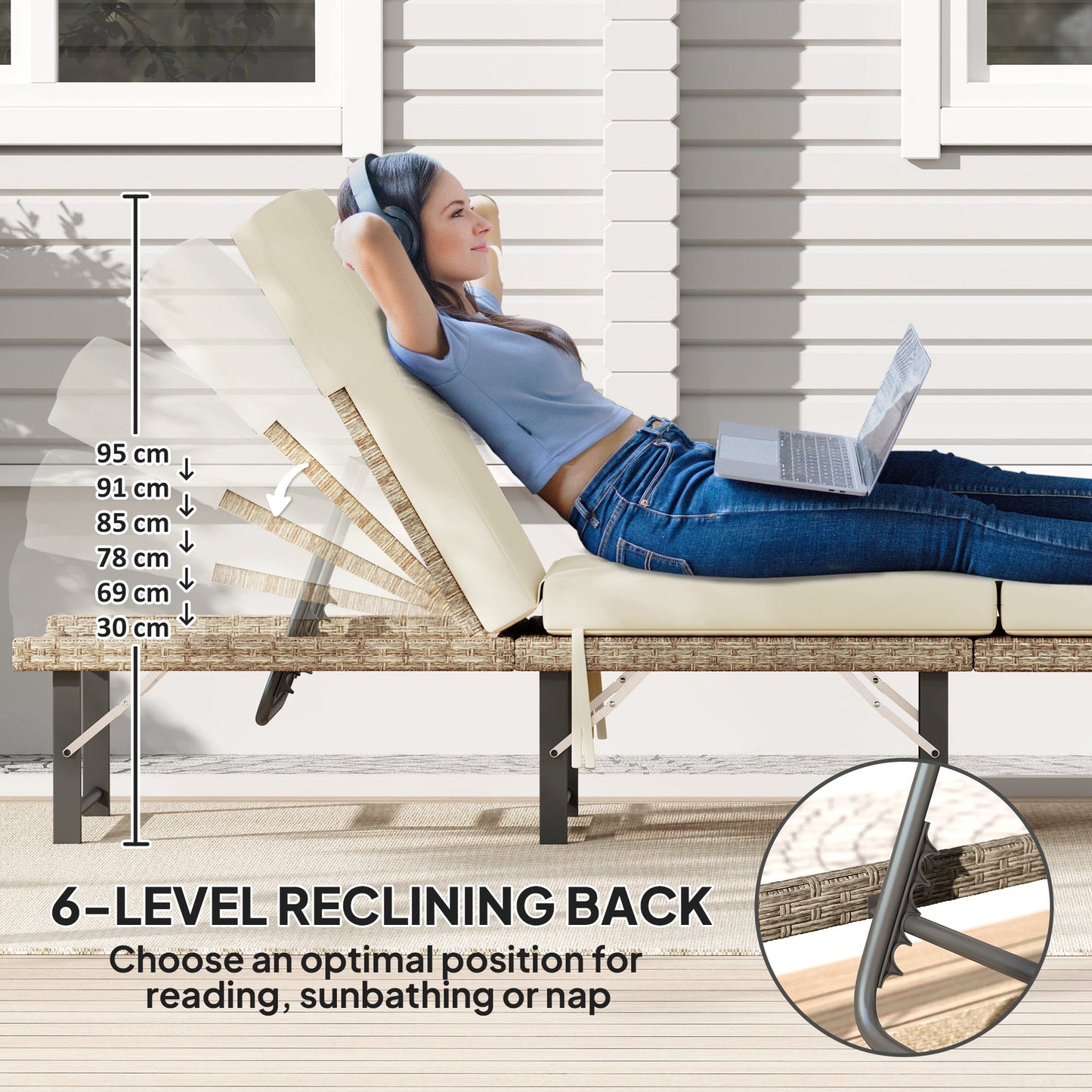 Folding Rattan Sun Lounger, 6-Level Adjustable Garden Lounger Recliner with Cushion, Outdoor Reclining Sunbed, Garden Chair with Steel Frame for Patio, Beach, Terrace, Natural