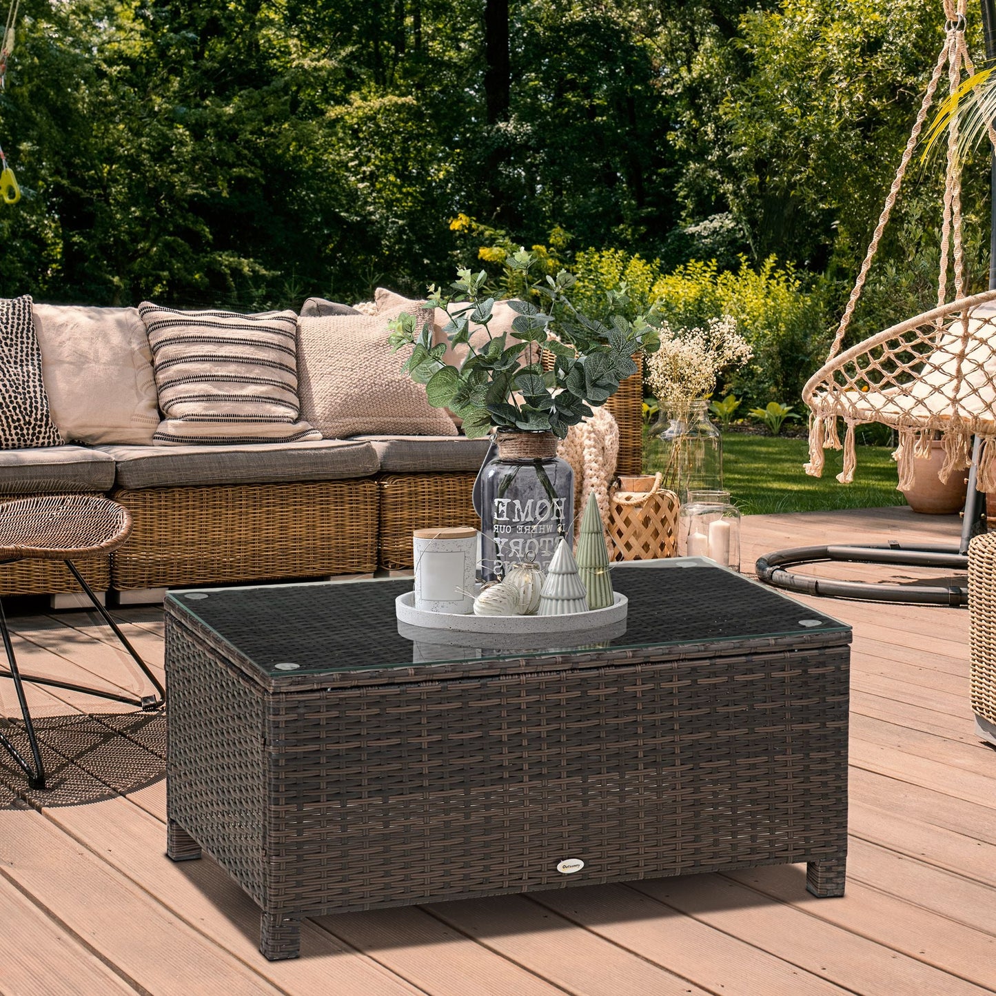 PE Rattan Coffee Table, Rectangular Outdoor Coffee Table with Tempered Glass Top, 70 KG Capacity for Garden, Balcony, Terrace, Patio, Mixed Brown