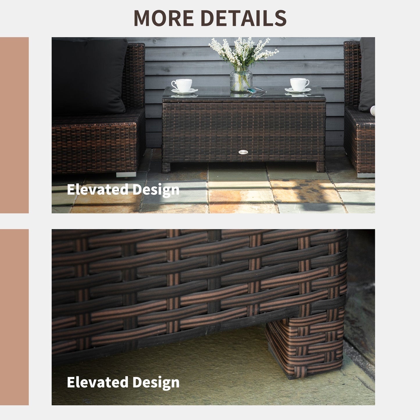 PE Rattan Coffee Table, Rectangular Outdoor Coffee Table with Tempered Glass Top, 70 KG Capacity for Garden, Balcony, Terrace, Patio, Mixed Brown