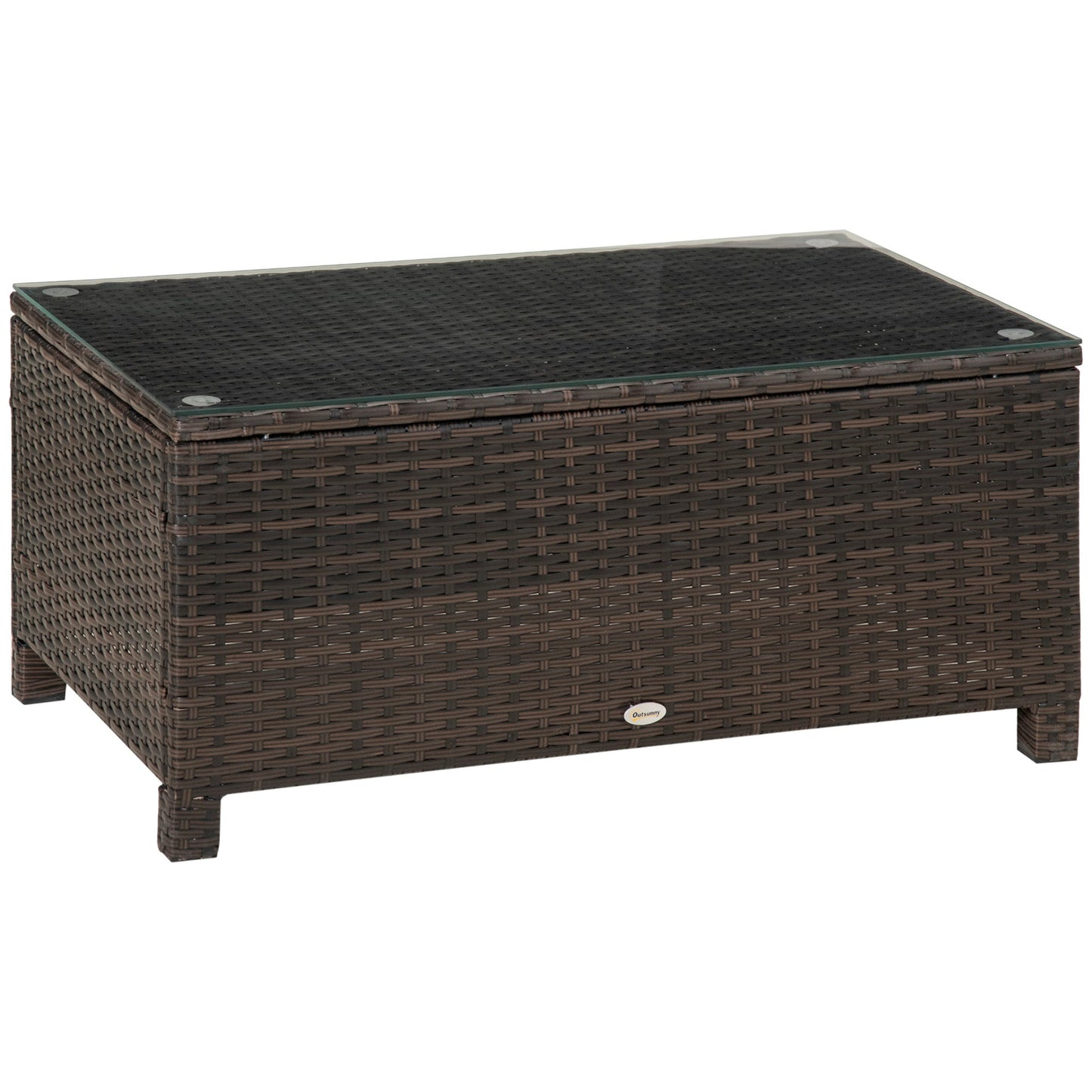 PE Rattan Coffee Table, Rectangular Outdoor Coffee Table with Tempered Glass Top, 70 KG Capacity for Garden, Balcony, Terrace, Patio, Mixed Brown