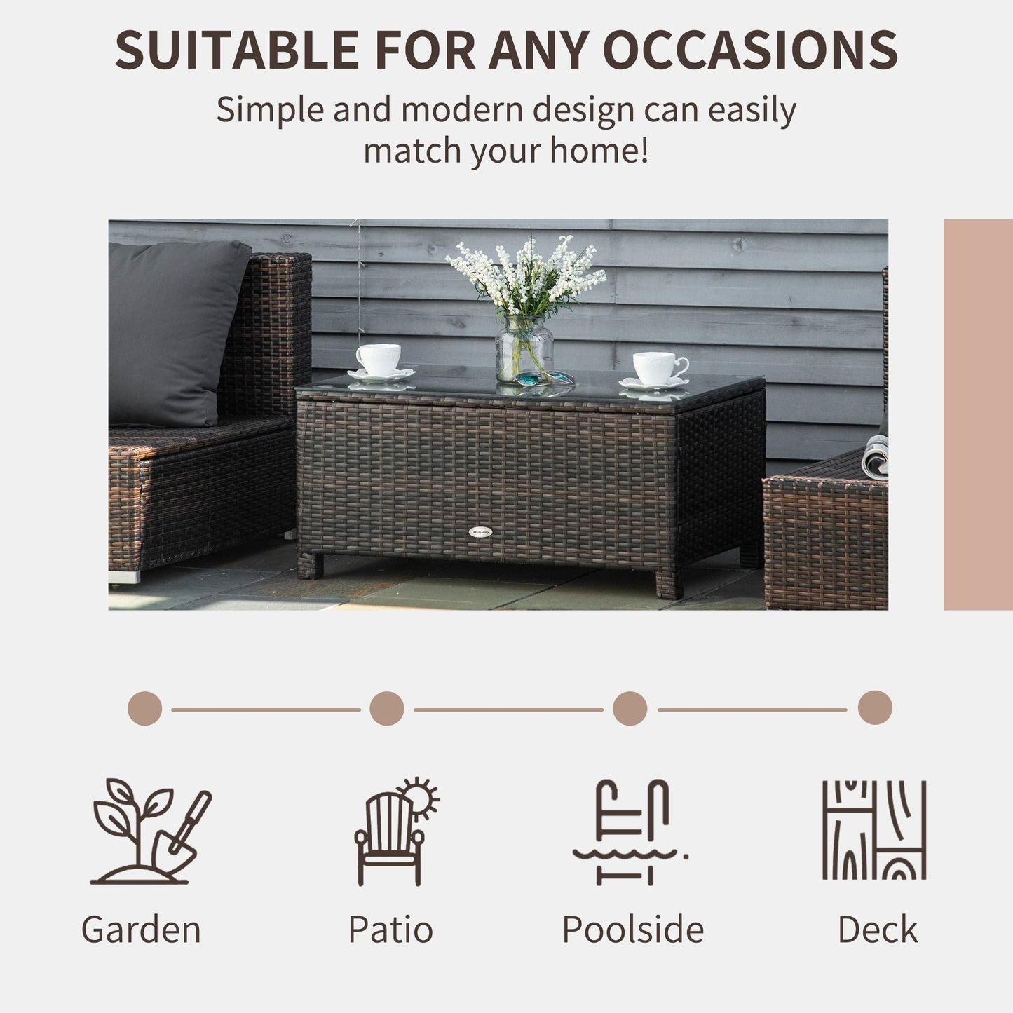 PE Rattan Coffee Table, Rectangular Outdoor Coffee Table with Tempered Glass Top, 70 KG Capacity for Garden, Balcony, Terrace, Patio, Mixed Brown