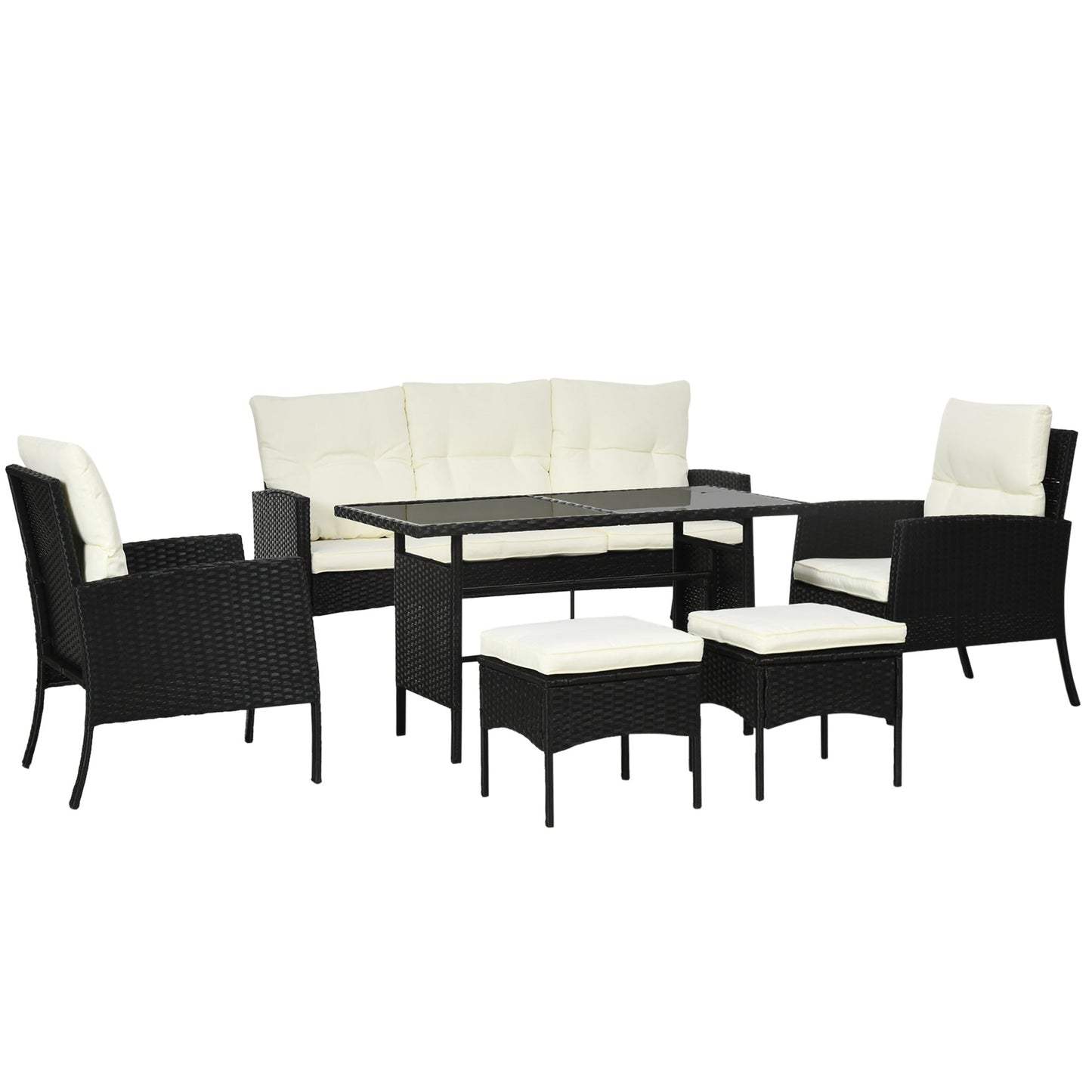 5 Seater Rattan Garden Furniture Set, 2 Armchairs, 3-Seater Wicker Sofa, 2 Footstools and Glass Table, 6 Piece Patio Rattan furniture Sofa Sets with Cushions for Conservatory, White