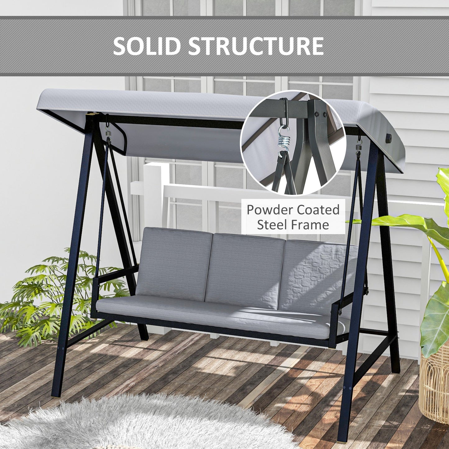 3 Seater Garden Swing Chair, Outdoor Hammock Bench with Adjustable Canopy, Removable Cushions and Steel Frame, Grey