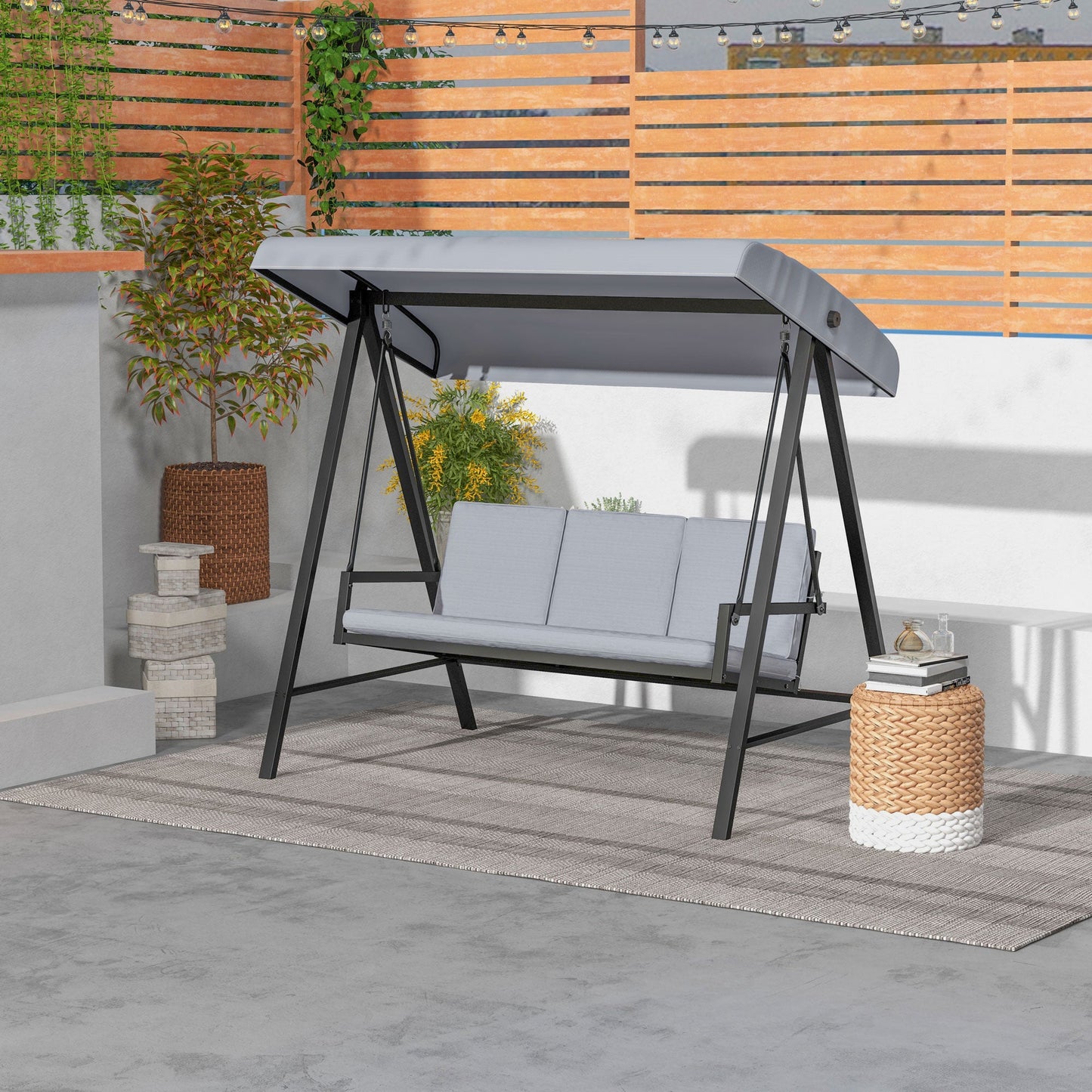 3 Seater Garden Swing Chair, Outdoor Hammock Bench with Adjustable Canopy, Removable Cushions and Steel Frame, Grey