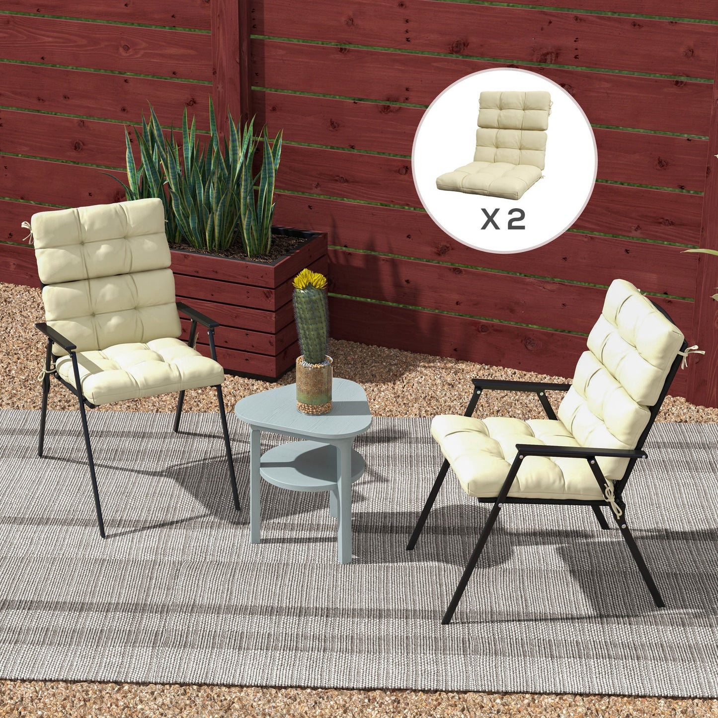 2pc Outdoor Seat Cushions with Backrest, Ties, Water Repellent Seat Pads for Chair, Garden Patio, Beige