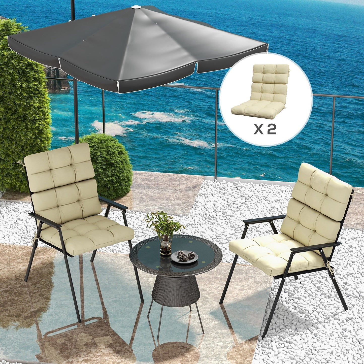 2pc Outdoor Seat Cushions with Backrest, Ties, Water Repellent Seat Pads for Chair, Garden Patio, Beige