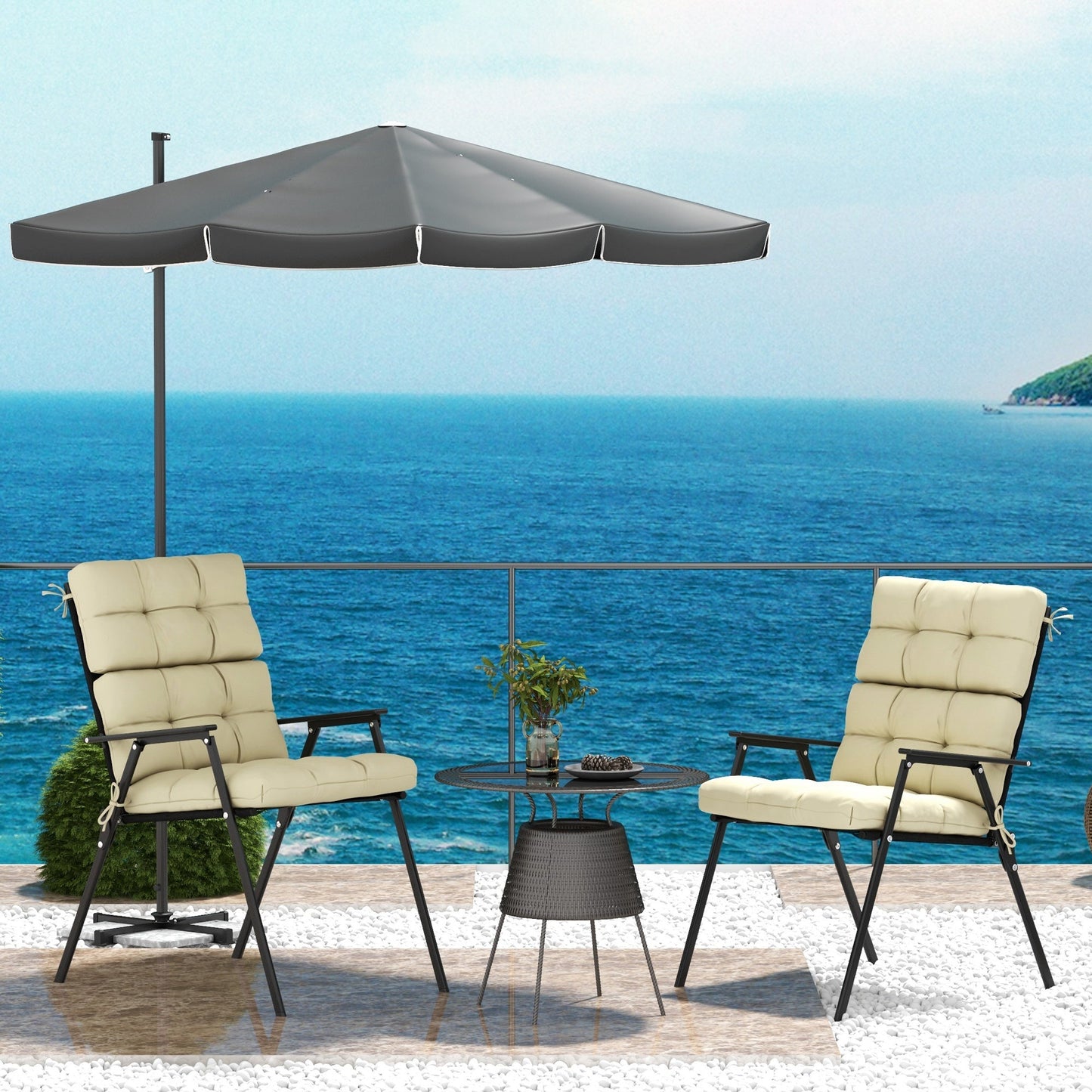 2pc Outdoor Seat Cushions with Backrest, Ties, Water Repellent Seat Pads for Chair, Garden Patio, Beige