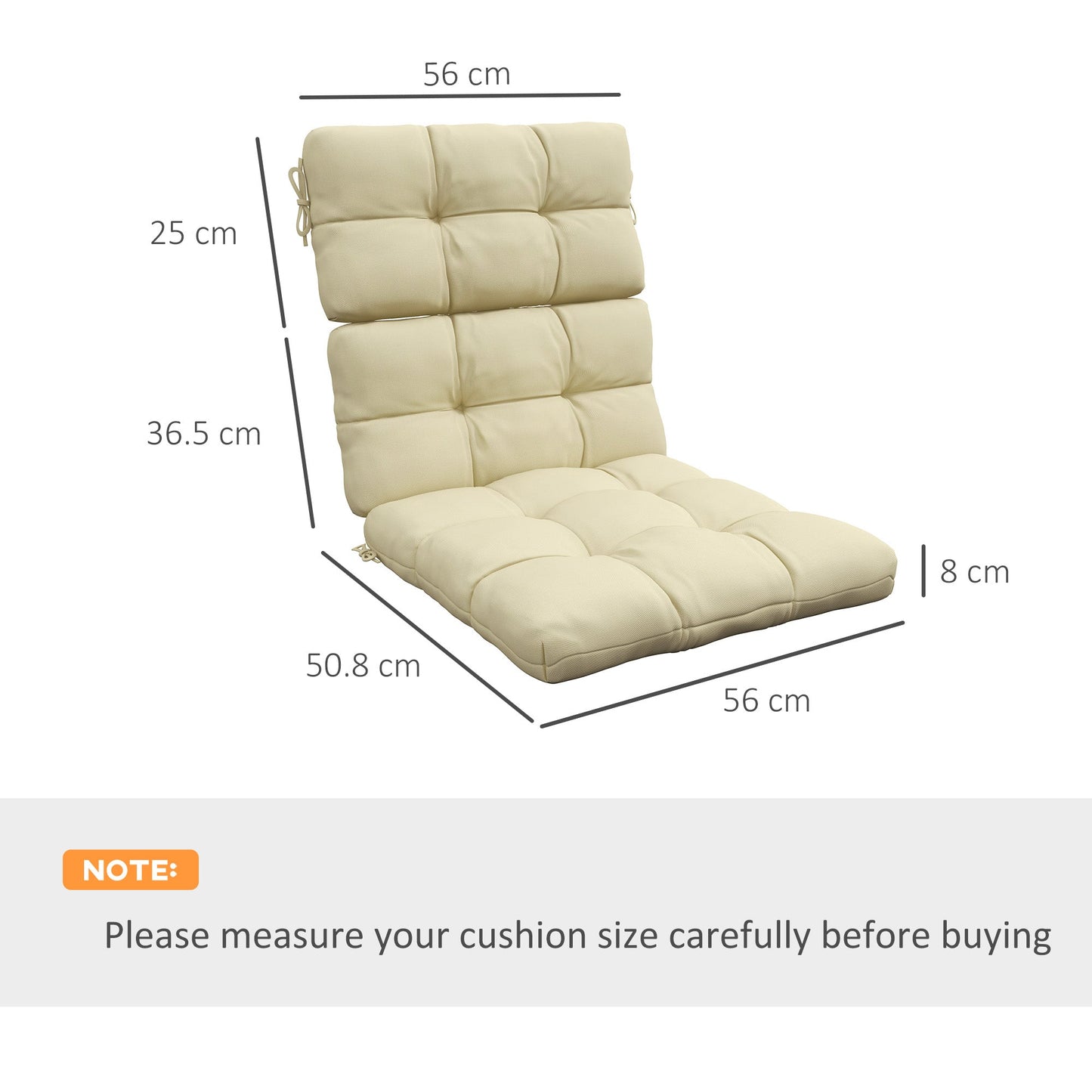 2pc Outdoor Seat Cushions with Backrest, Ties, Water Repellent Seat Pads for Chair, Garden Patio, Beige
