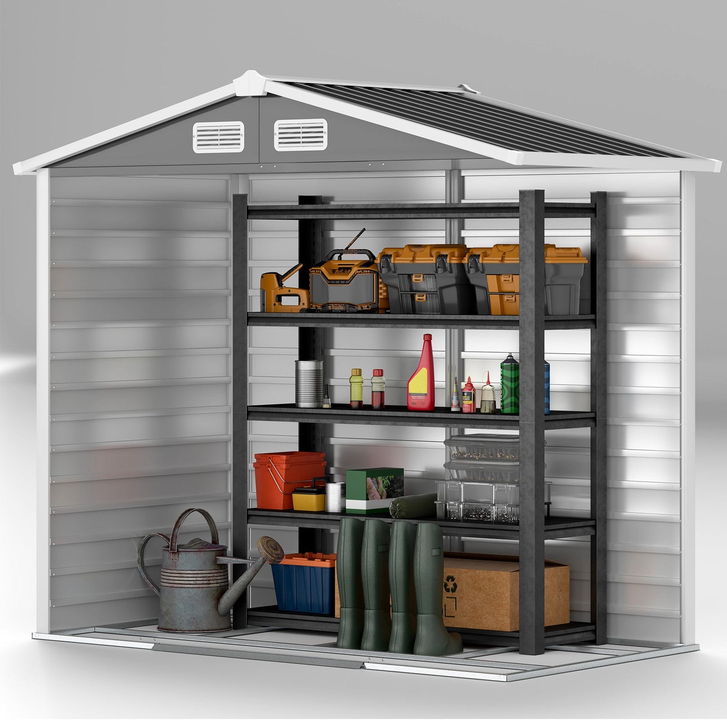 7 x 4ft Garden Shed, Easy to Assemble, Upgraded Galvanised Steel Frame with Foundation Kit, Double Doors with Lock, Outdoor Metal Shed with Vents and Gloves, Garden Storage Shed, Dark Grey