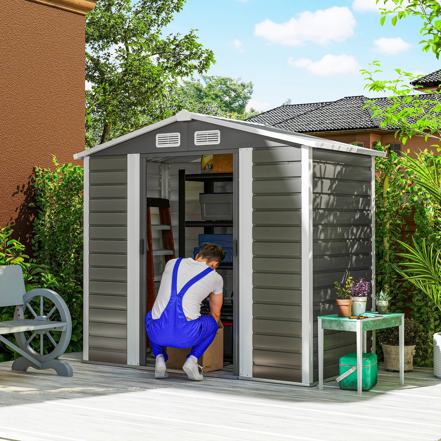 7 x 4ft Garden Shed, Easy to Assemble, Upgraded Galvanised Steel Frame with Foundation Kit, Double Doors with Lock, Outdoor Metal Shed with Vents and Gloves, Garden Storage Shed, Dark Grey