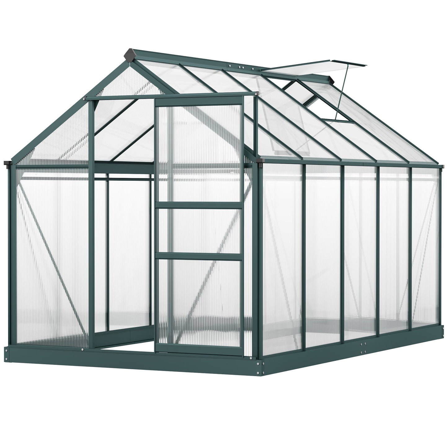 6 x 10ft Polycarbonate Greenhouse, Large Walk-In Green House with Slide Door and Window, Garden Plants Grow House with Aluminium Frame and Foundation, Dark Green