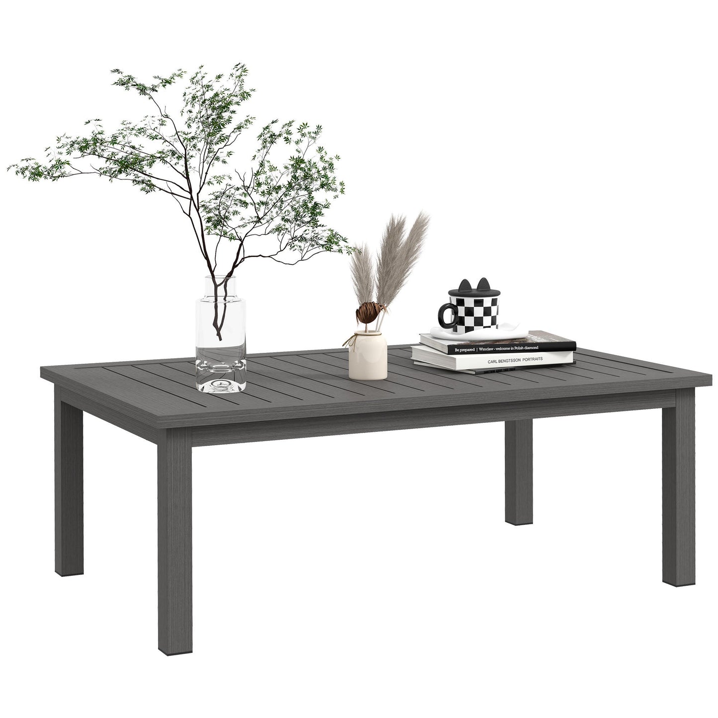 Aluminium Outdoor Coffee Table, Rectangular Patio Side Table with Wood Grain Effect and Slat Tabletop for Indoor, Garden, Balcony, 100cm x 60cm, Brown