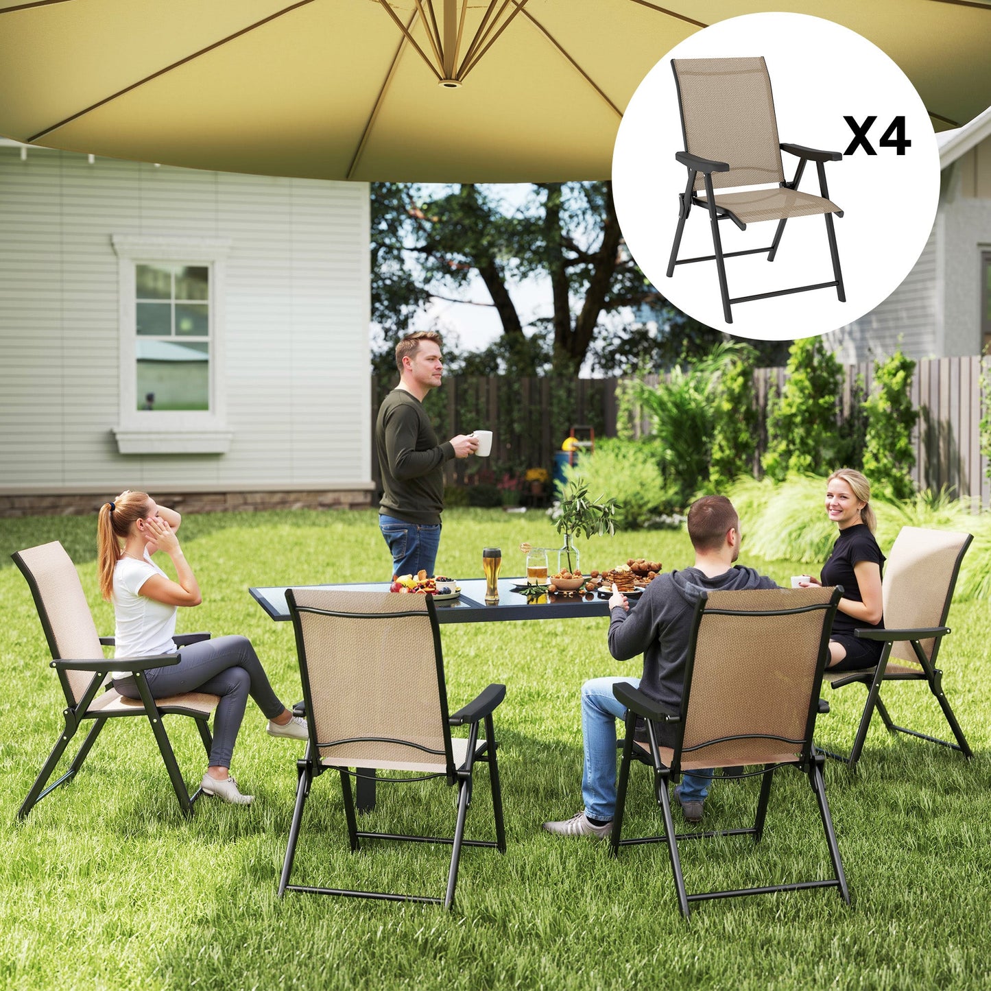 Set of 4 Folding Chair, Garden Chair Set with Breathable Mesh Back and Seat, Outdoor Camping Chairs with Armrests, Steel Frame for Deck Balcony, Brown