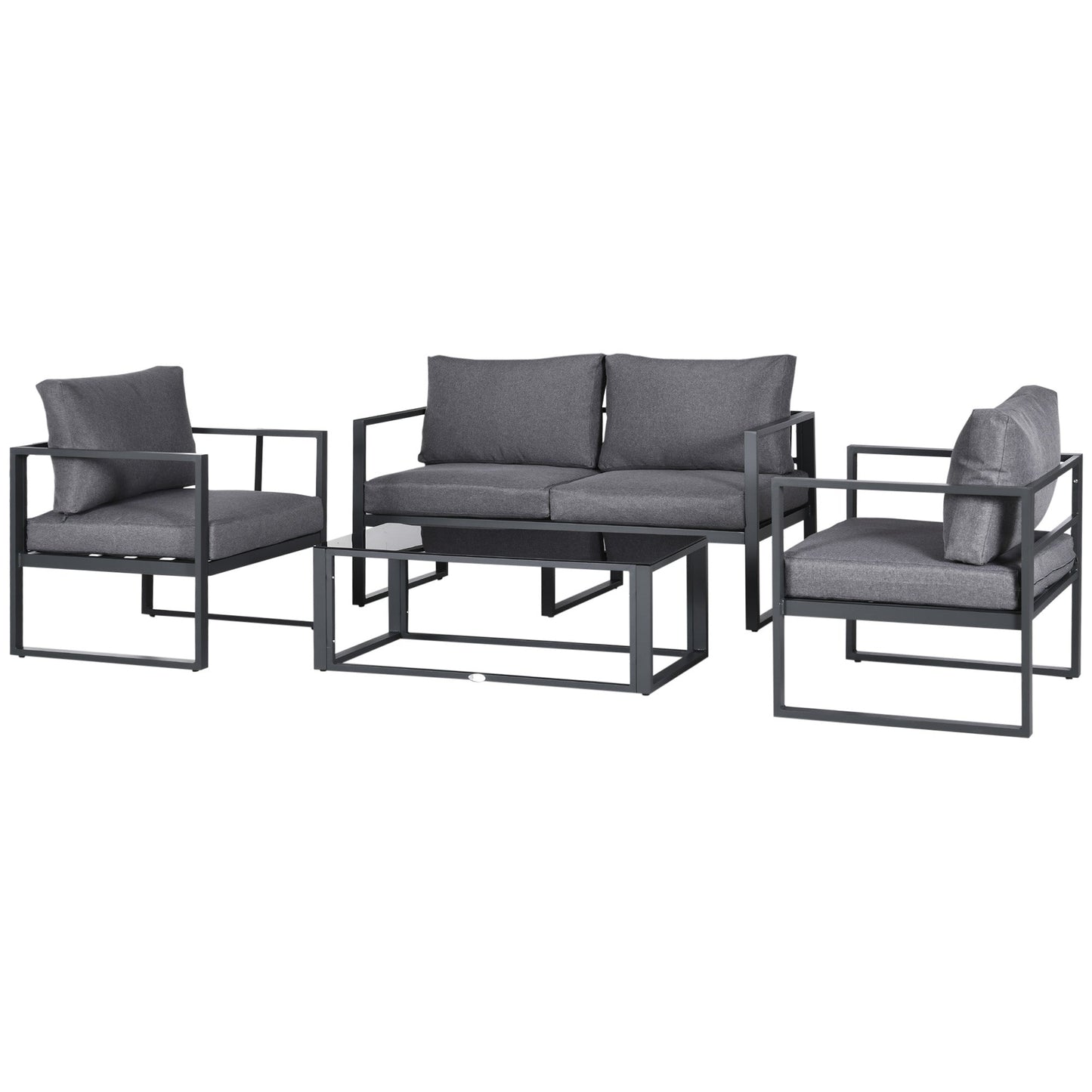 4 Pieces Garden Sofa Set 2 Single Armchair 1 Bench & Side Table Set Aluminium Frame Patio Furniture with Cushions Grey