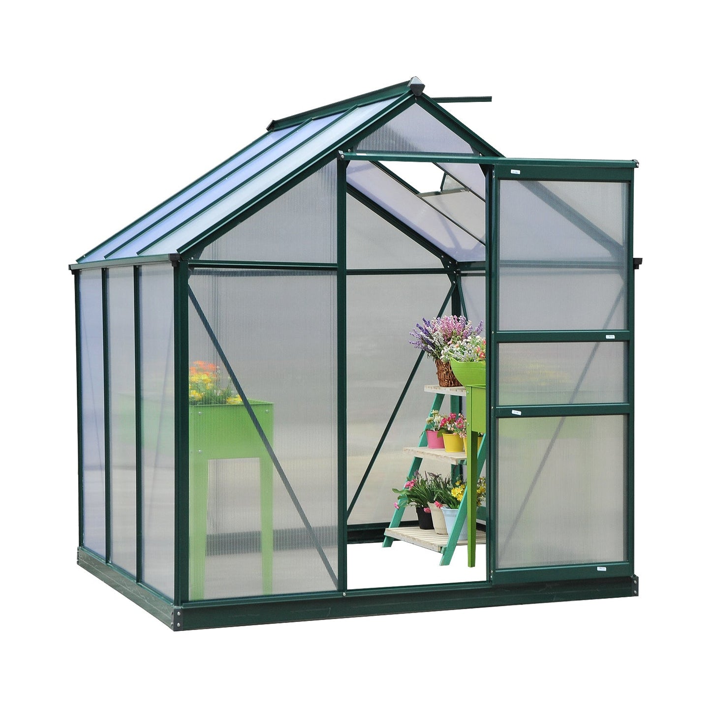 6 x 6ft Polycarbonate Greenhouse, Large Walk-In Green House with Slide Door and Window, Garden Plants Grow House with Aluminium Frame and Foundation, Dark Green