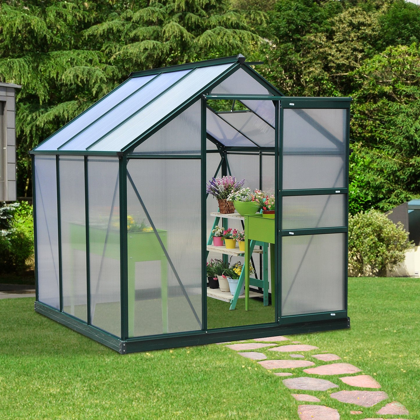 6 x 6ft Polycarbonate Greenhouse, Large Walk-In Green House with Slide Door and Window, Garden Plants Grow House with Aluminium Frame and Foundation, Dark Green