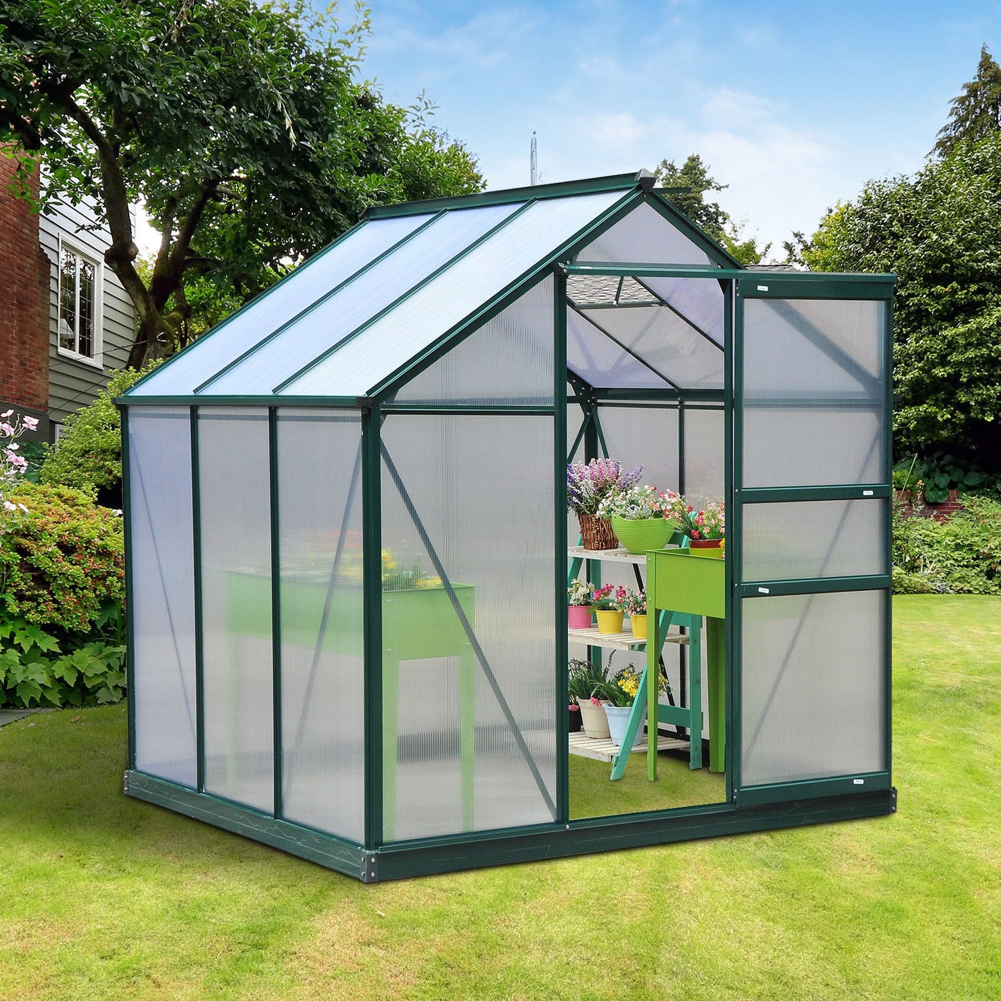6 x 6ft Polycarbonate Greenhouse, Large Walk-In Green House with Slide Door and Window, Garden Plants Grow House with Aluminium Frame and Foundation, Dark Green