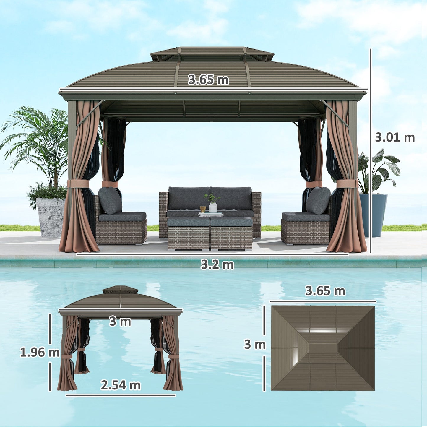 3.65 x 3(m) Hardtop Steel Gazebo Canopy for Patio Heavy Duty Outdoor Pavilion with Aluminium Alloy Frame, Double Roof, Net Sidewalls and Curtains, Coffee
