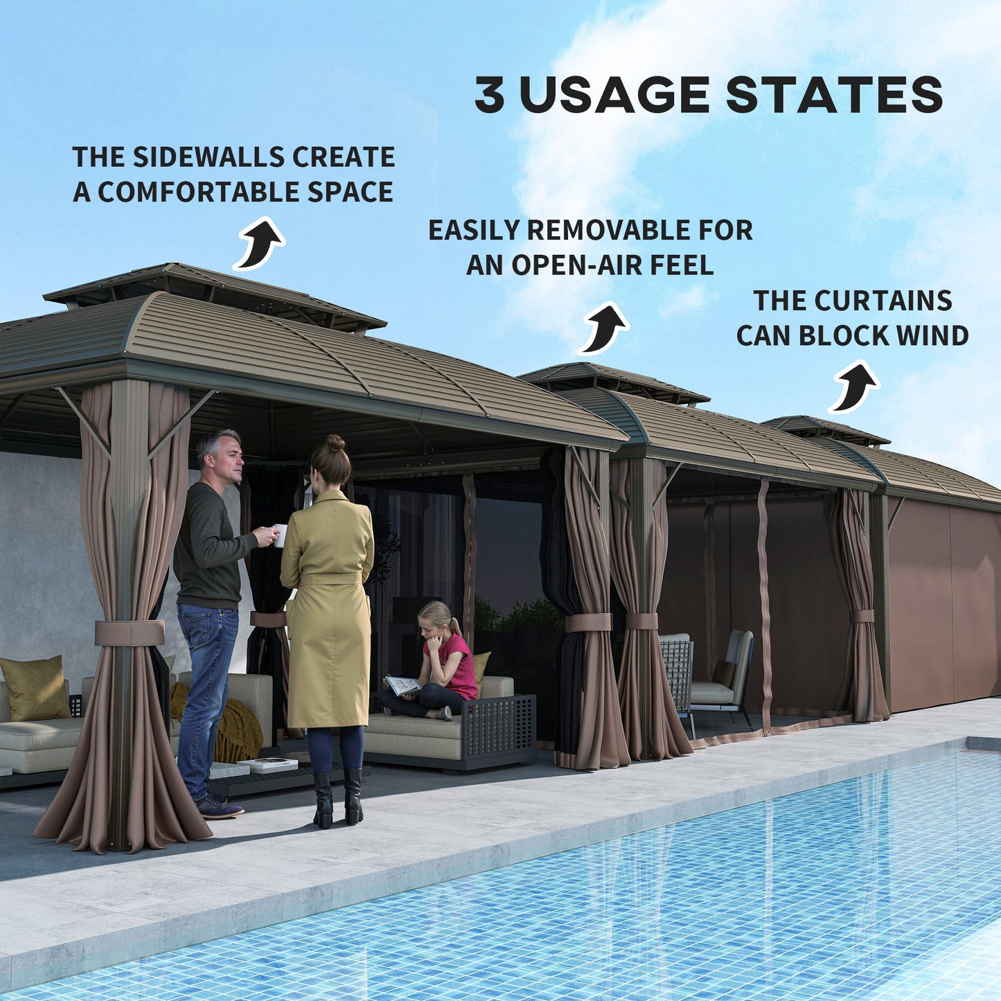 3.65 x 3(m) Hardtop Steel Gazebo Canopy for Patio Heavy Duty Outdoor Pavilion with Aluminium Alloy Frame, Double Roof, Net Sidewalls and Curtains, Coffee