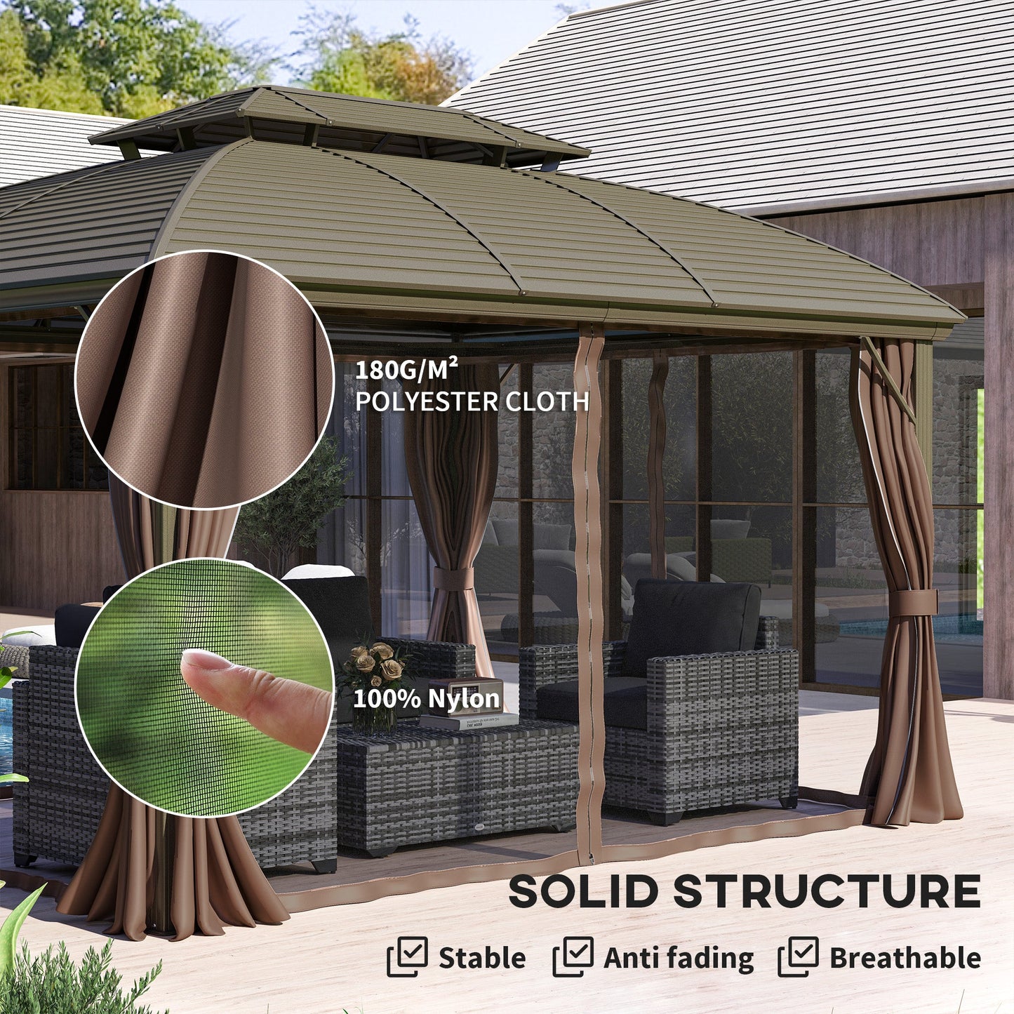 3.65 x 3(m) Hardtop Steel Gazebo Canopy for Patio Heavy Duty Outdoor Pavilion with Aluminium Alloy Frame, Double Roof, Net Sidewalls and Curtains, Coffee